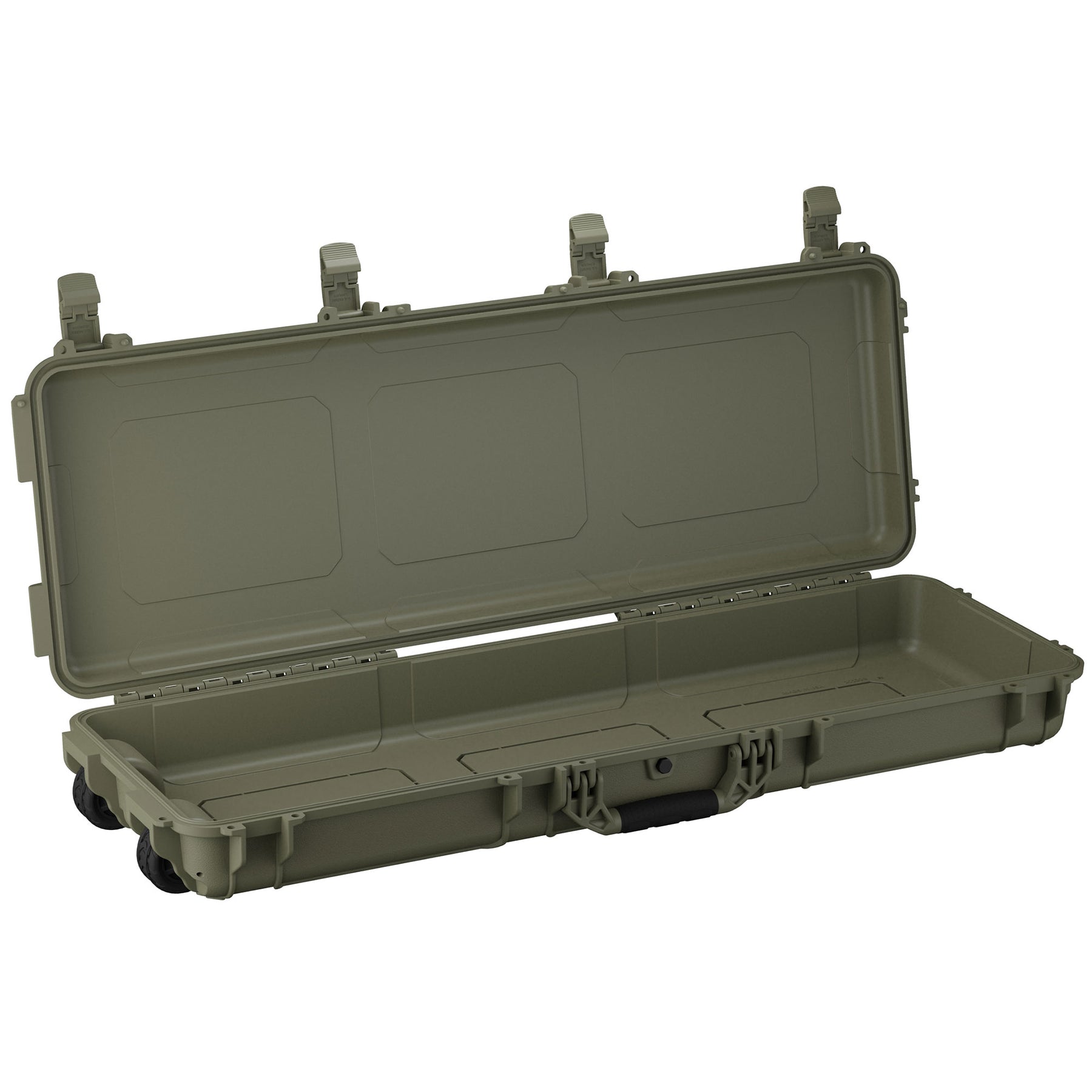 Olive green, 45-inch long protective hard case with a lid, latches, and wheels, designed for secure storage and transport.