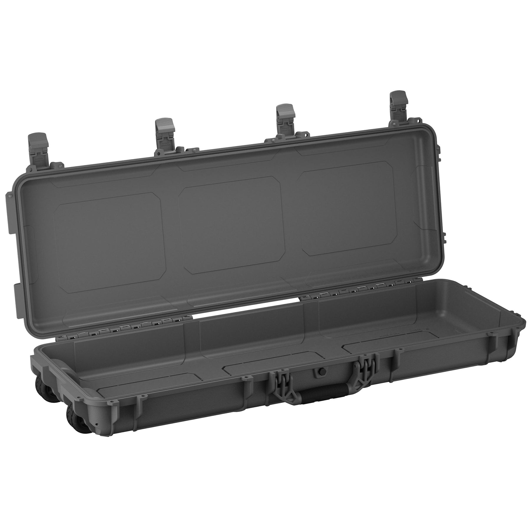 Open 45-inch long black protective case with secure latches and wheels, designed for durable storage and transport.
