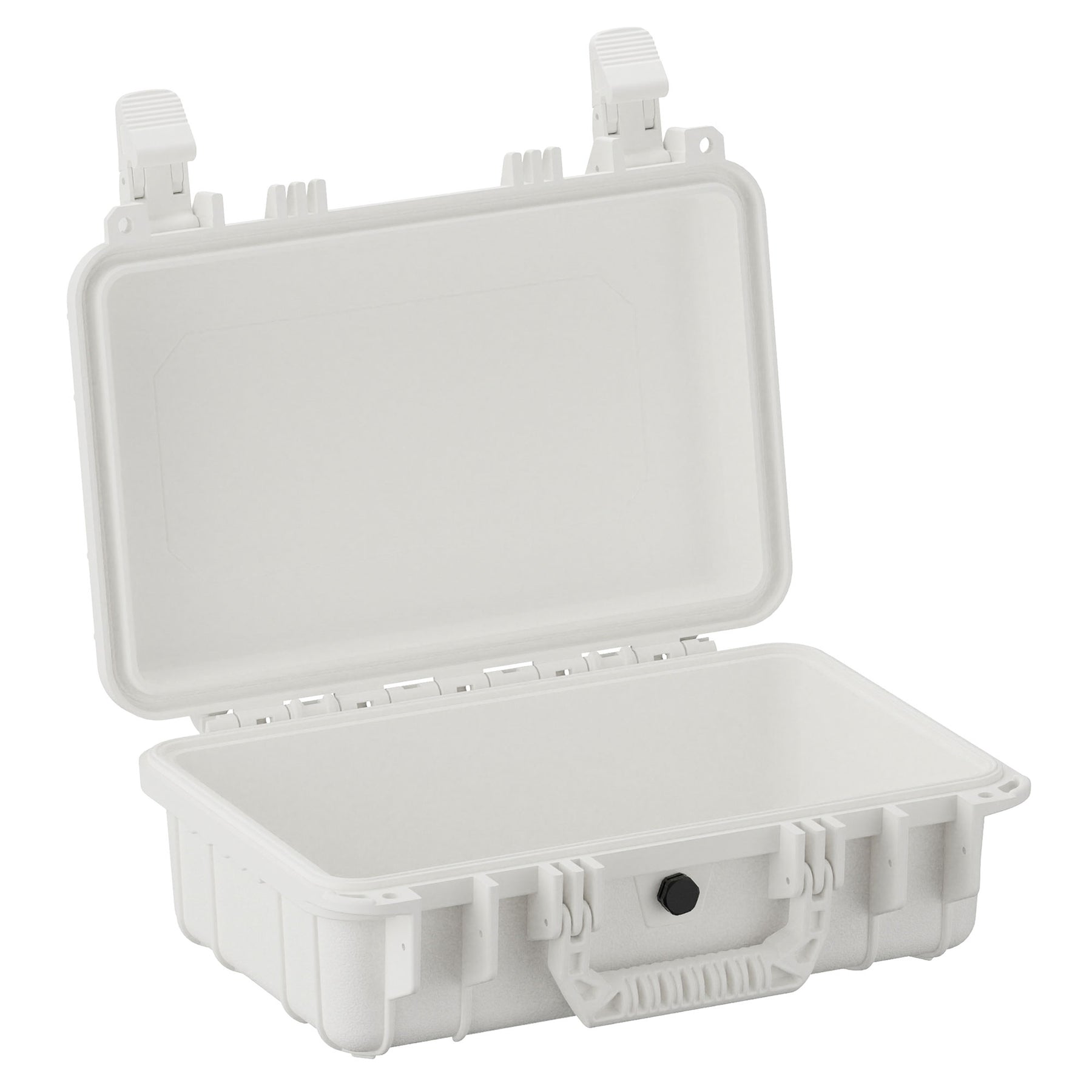 Alt text: "Open 13-inch small protective case in light gray, featuring a rugged exterior, secure clasps, and a pressure release valve."