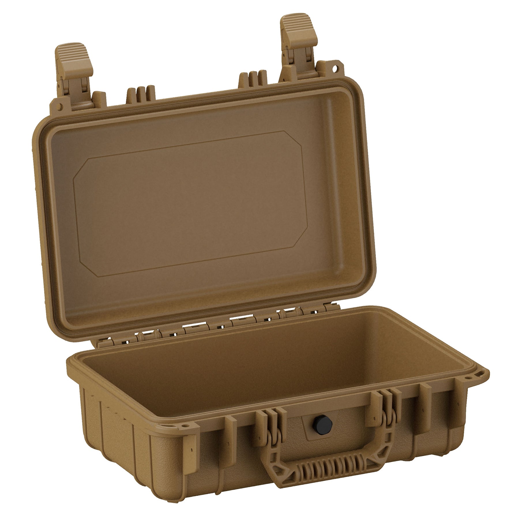 Alt text: Open 13-inch small protective case in tan color, displaying rugged design with dual latches and a reinforced handle, ideal for secure storage of delicate items.