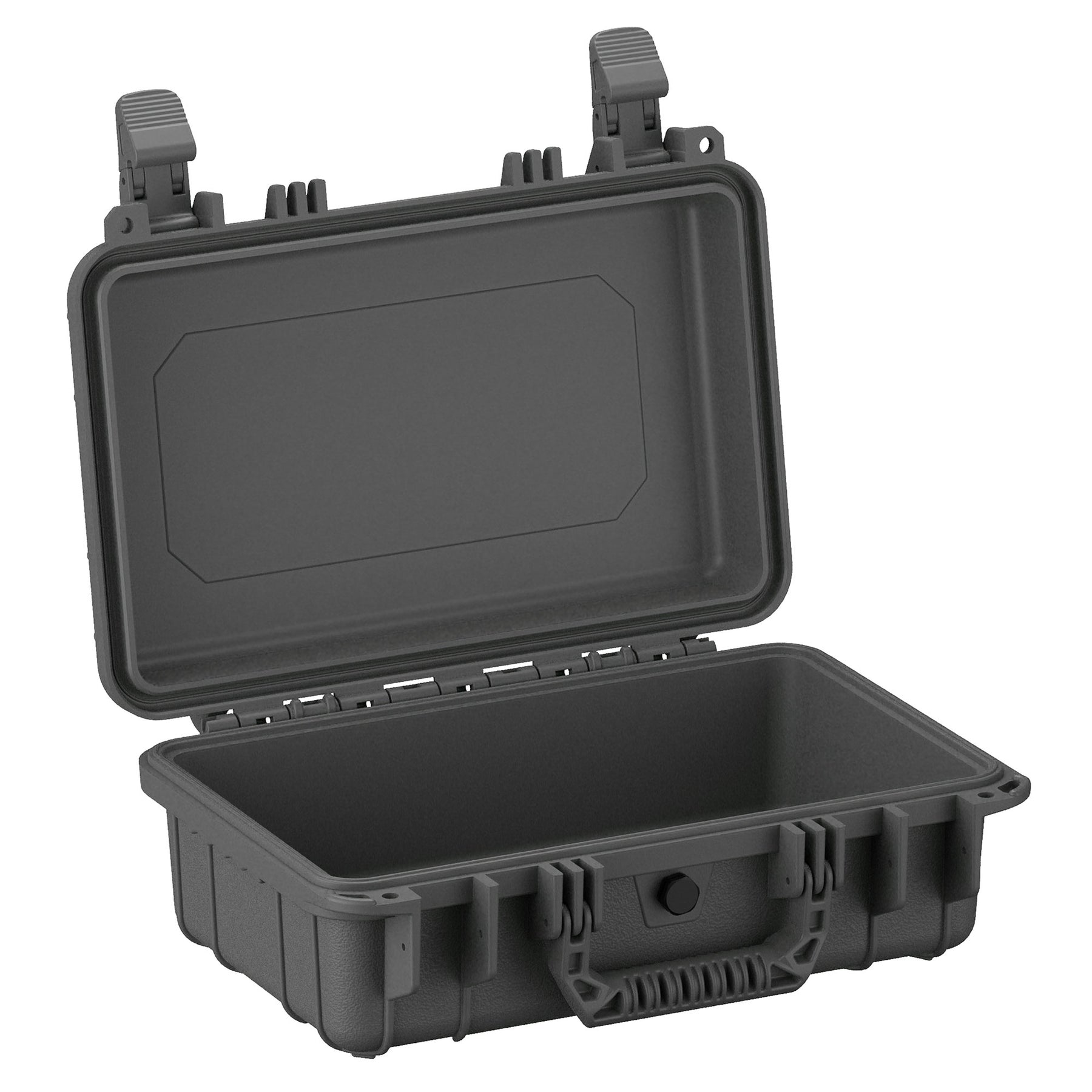 Alt text: Durable 13-inch small black protective case with open lid, featuring robust latches and padded interior. Ideal for secure storage and transportation of sensitive items.