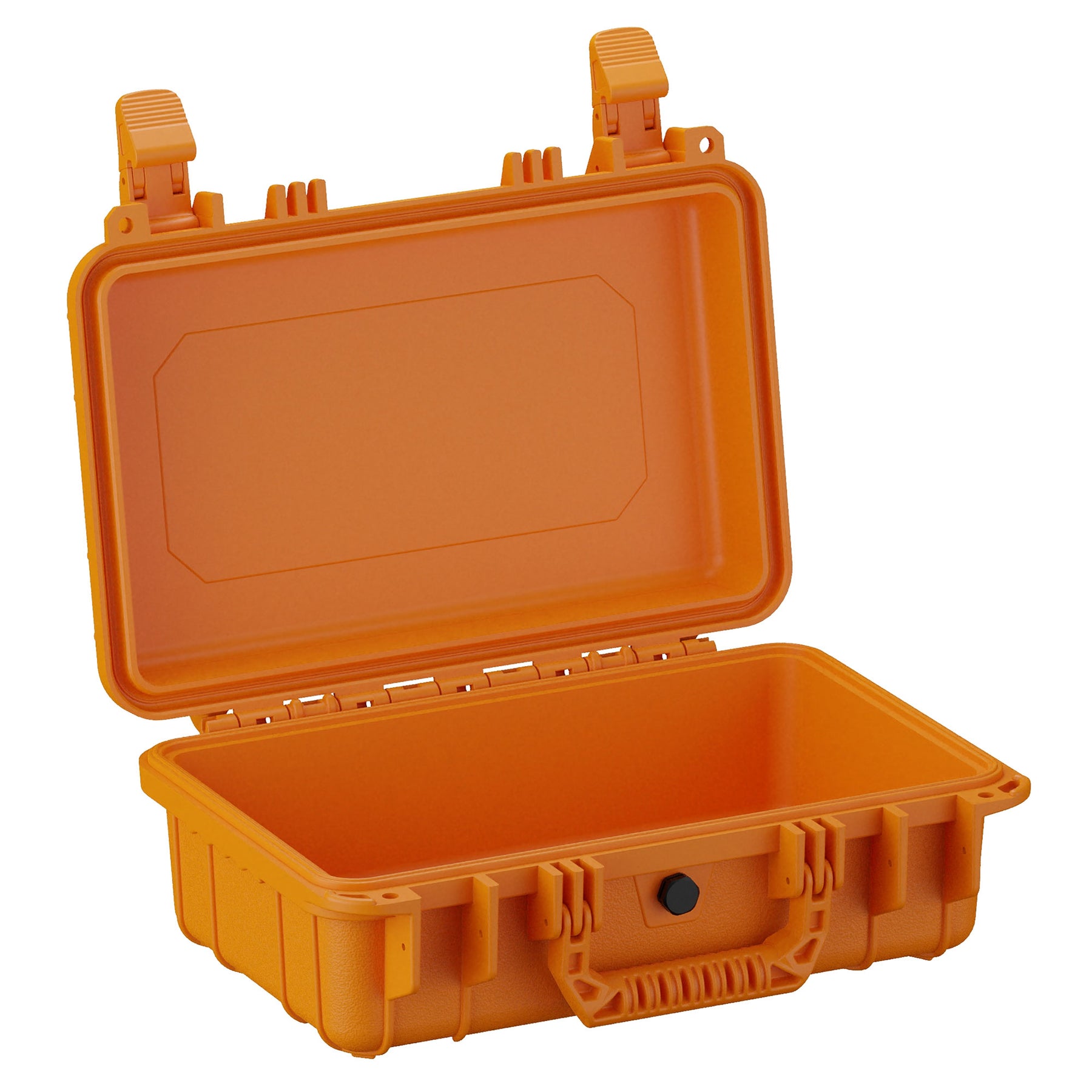Orange hard protective case, 13 inches, with durable clasps opened to show empty interior and pressure equalization valve
