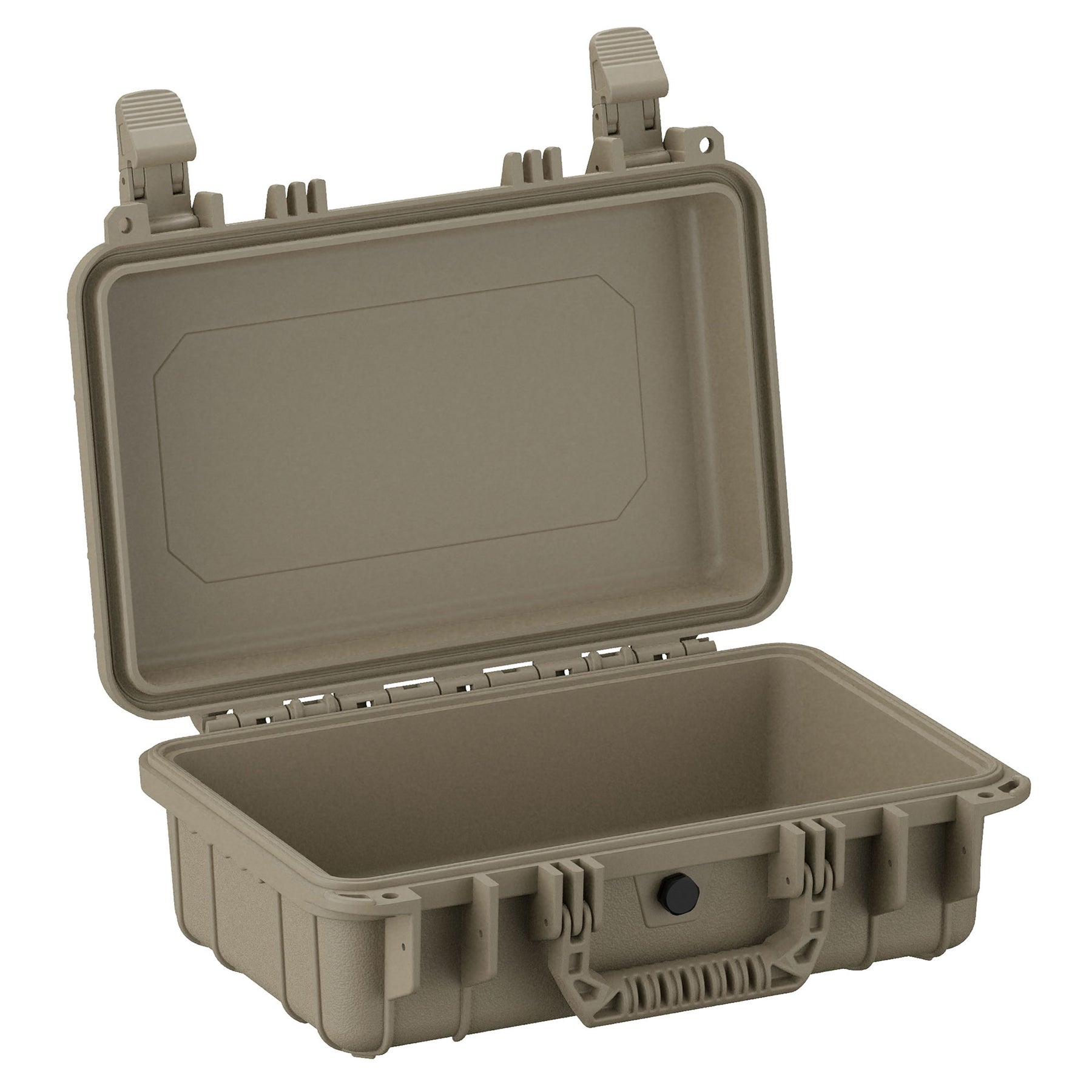 Alt text: "Durable 13-inch small protective case in olive green, with an open lid showing interior depth and empty space, featuring sturdy latches and a rugged handle for secure closure and easy carrying."