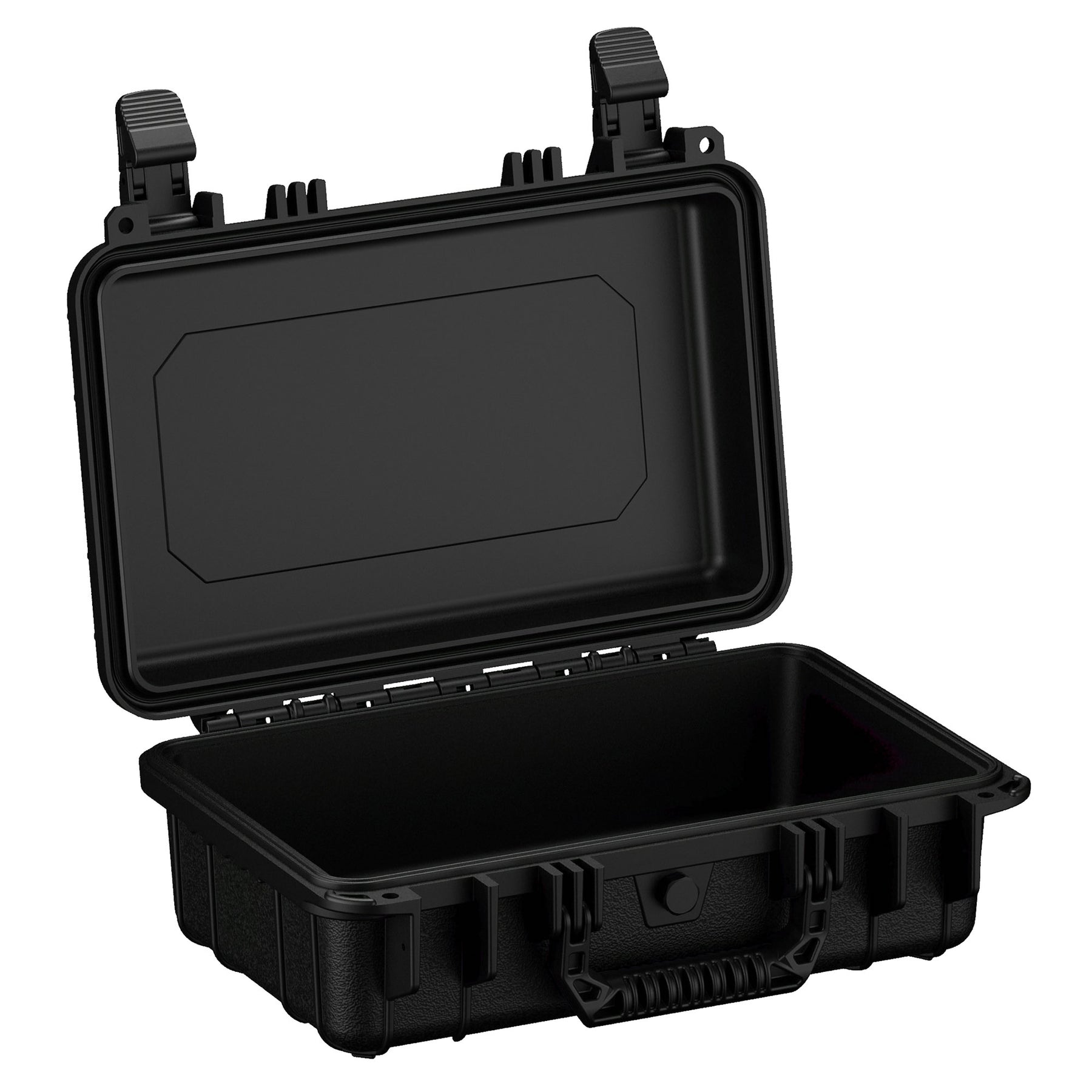 Alt text: "Open black protective hard case, 13 inches, model number 232, showing the foam padding inside. The case features tough latches and a sturdy handle for secure transport."