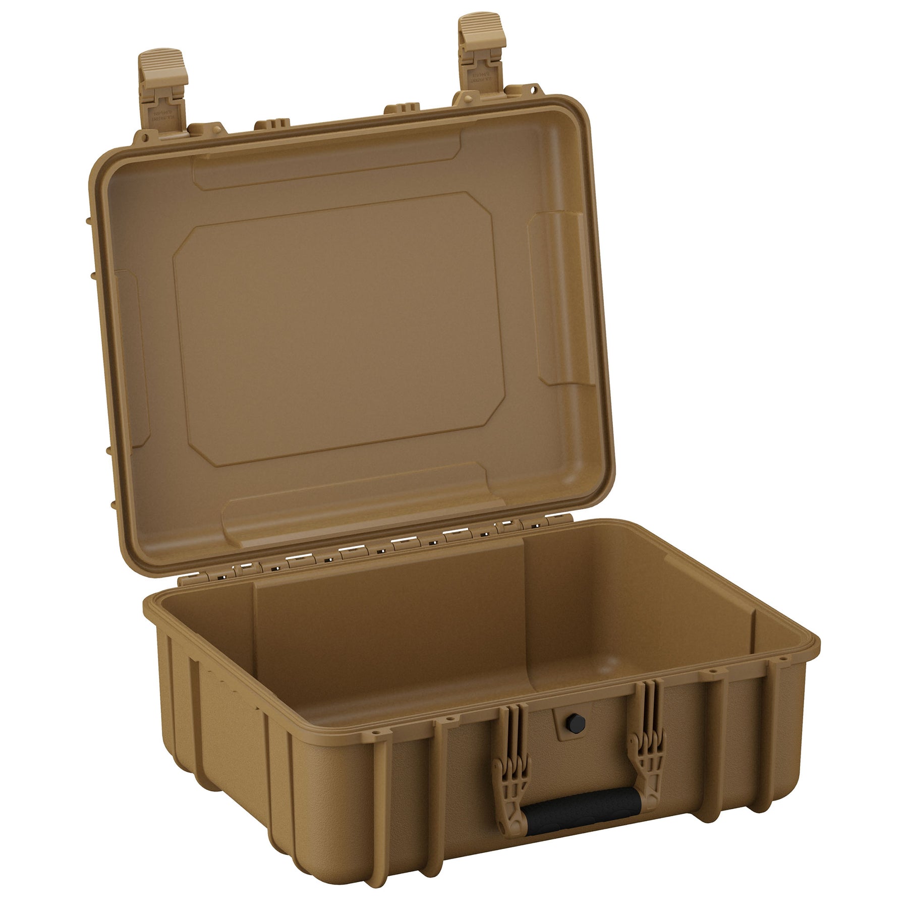 Alt text: "Open 20-inch large protective hard case in a tan color, featuring sturdy clasps and a durable handle, suitable for securing and transporting sensitive equipment."