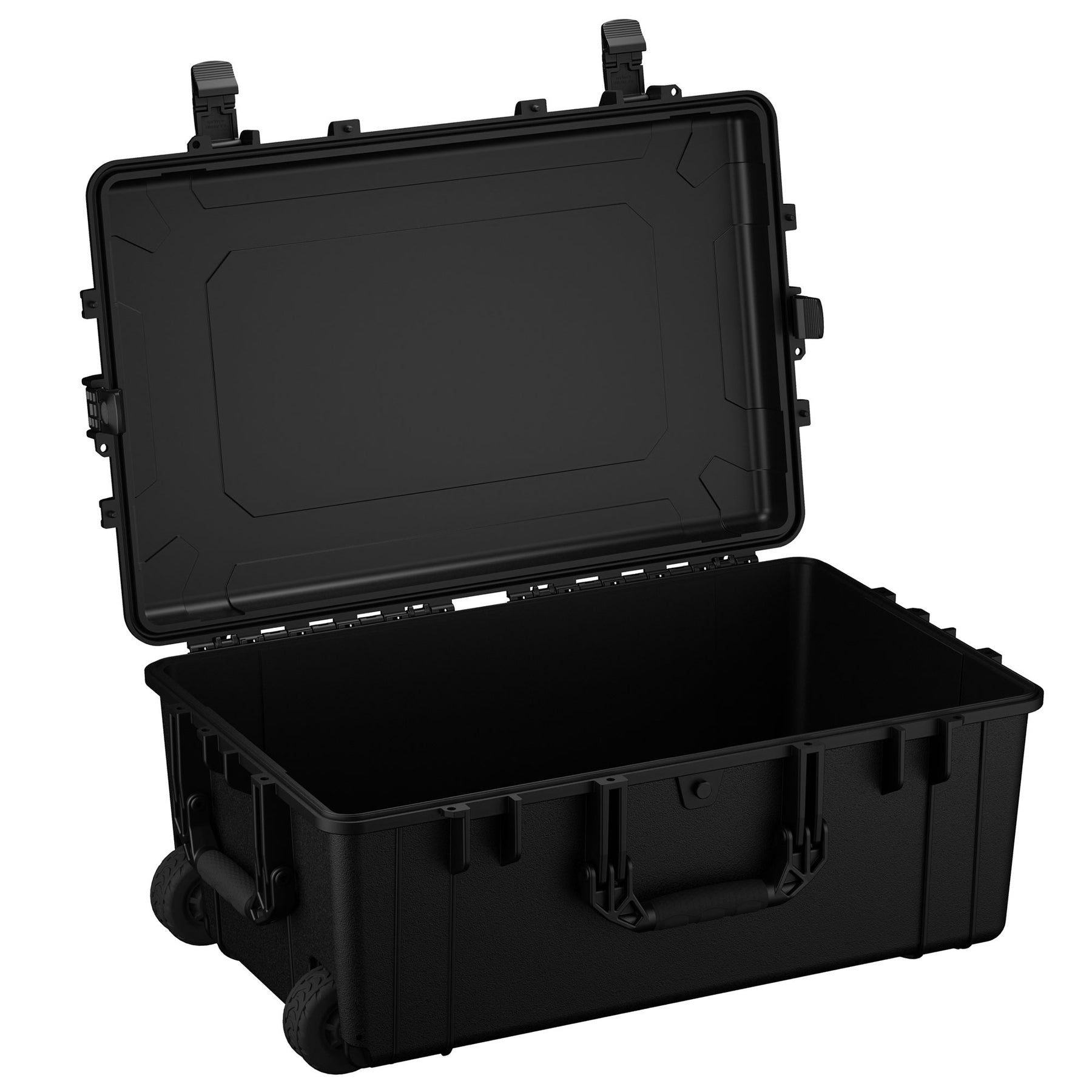 Alt text: Large black protective hard case with wheels, model 1258, open to display the deep storage compartment and robust latches.