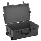 Alt text: "Large 31-inch durable case #1258 in gray, showing open lid and empty interior, equipped with sturdy handles and wheels for easy mobility."