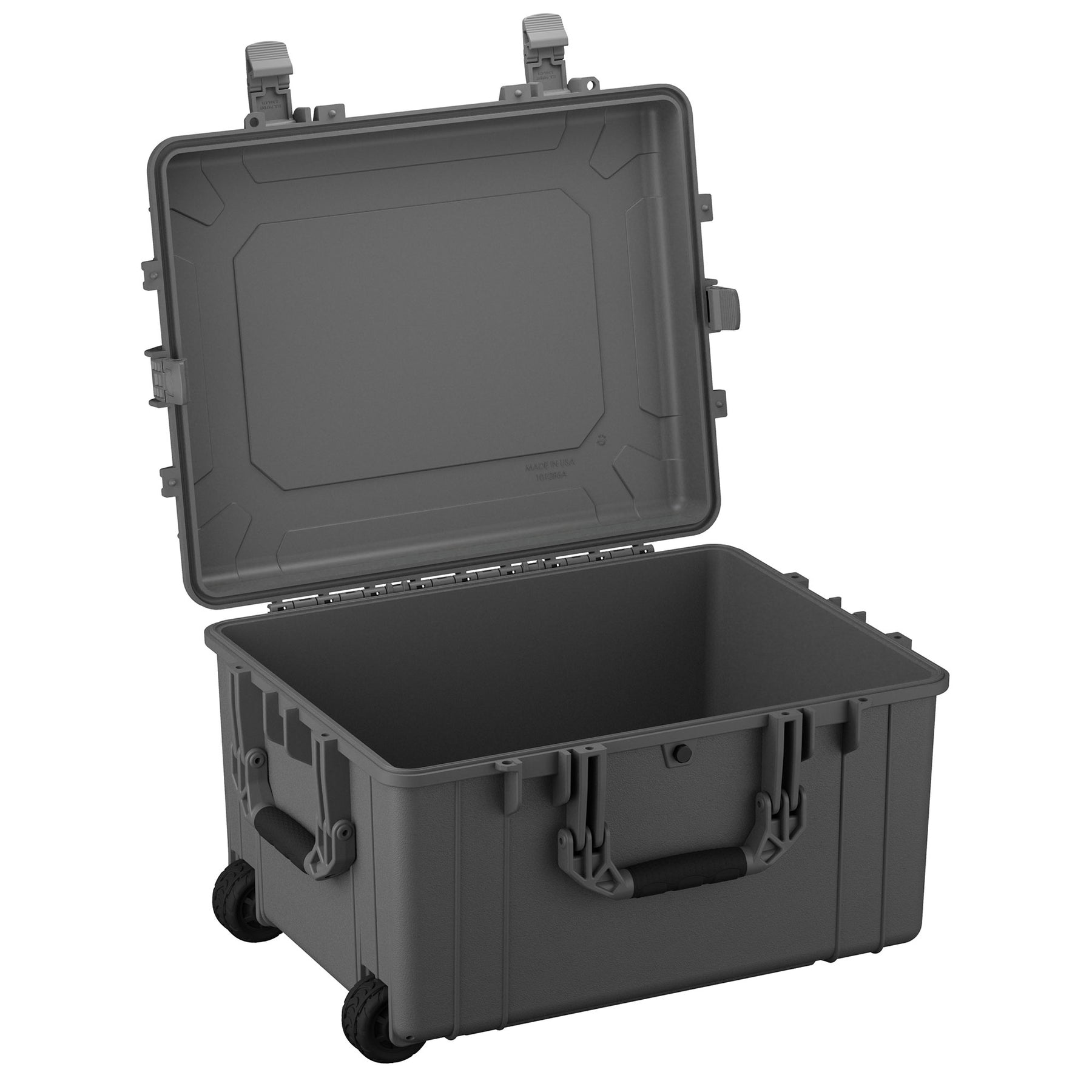 Alt text: Large 25-inch protective hard case in gray with durable wheels and dual locking clasps, open lid showcasing a spacious empty interior, ideal for secure equipment storage and transportation.