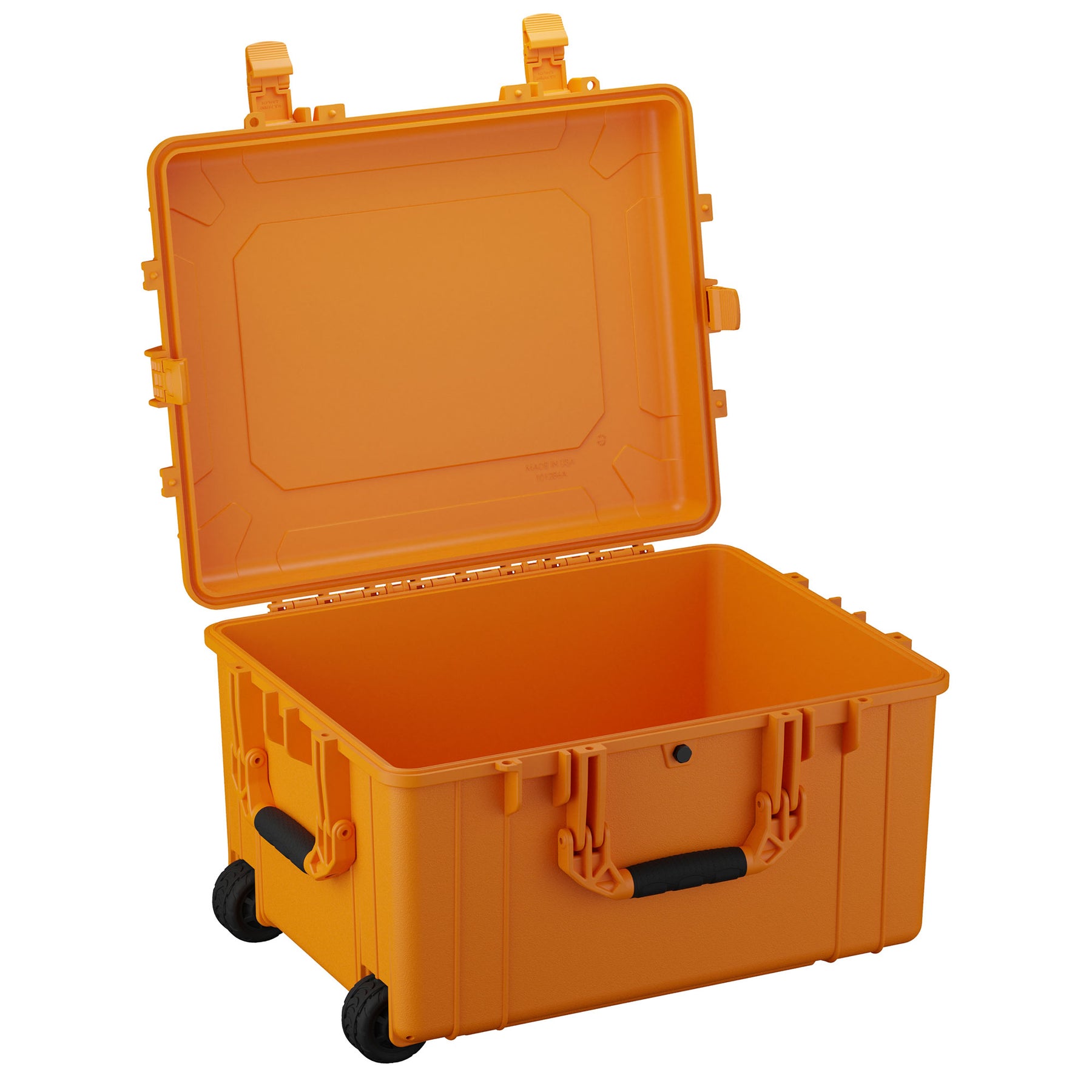 Alt text: "Open 25-inch large orange protective case with sturdy handle and durable latches, featuring wheels for easy mobility, isolated on a white background."
