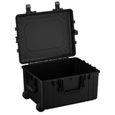 Alt text: Black rugged pelican case, model number 286, with 25-inch dimensions showcased open to display the deep storage space and tough exterior. The case features durable wheels, secure latches, and a reinforced top handle for mobility.