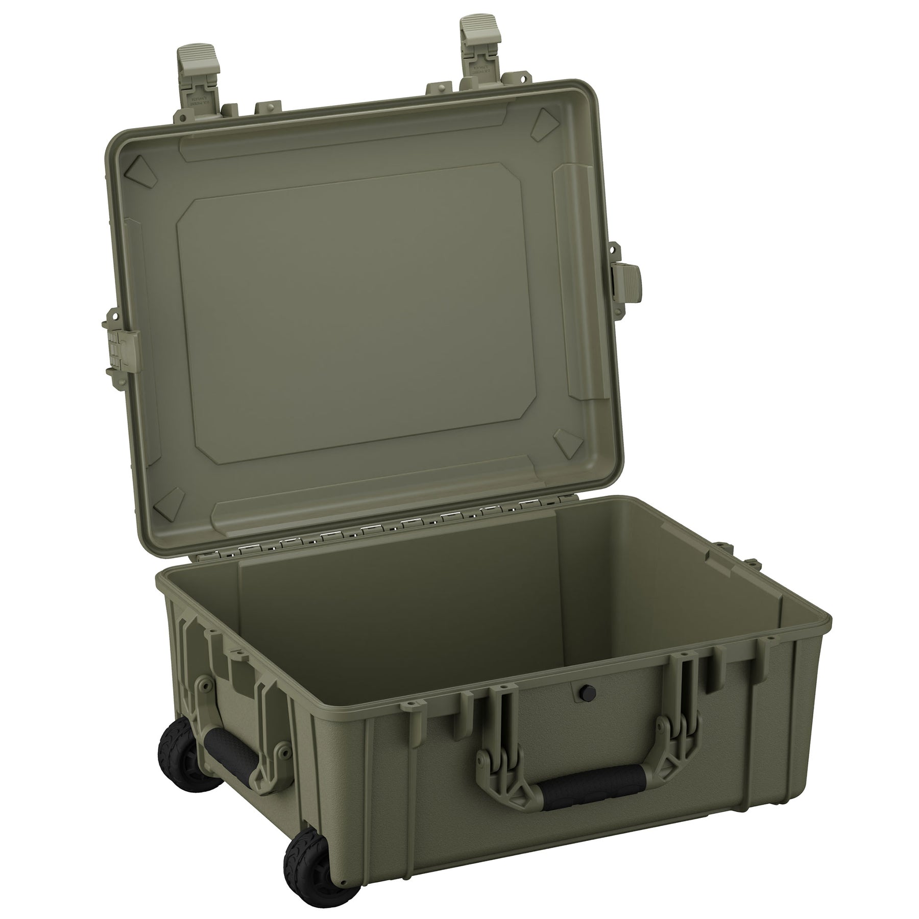 Alt text: "Large 25-inch military green hard case with wheels and an open lid, featuring durable handles and secure latches, ideal for protective storage and transportation of equipment."