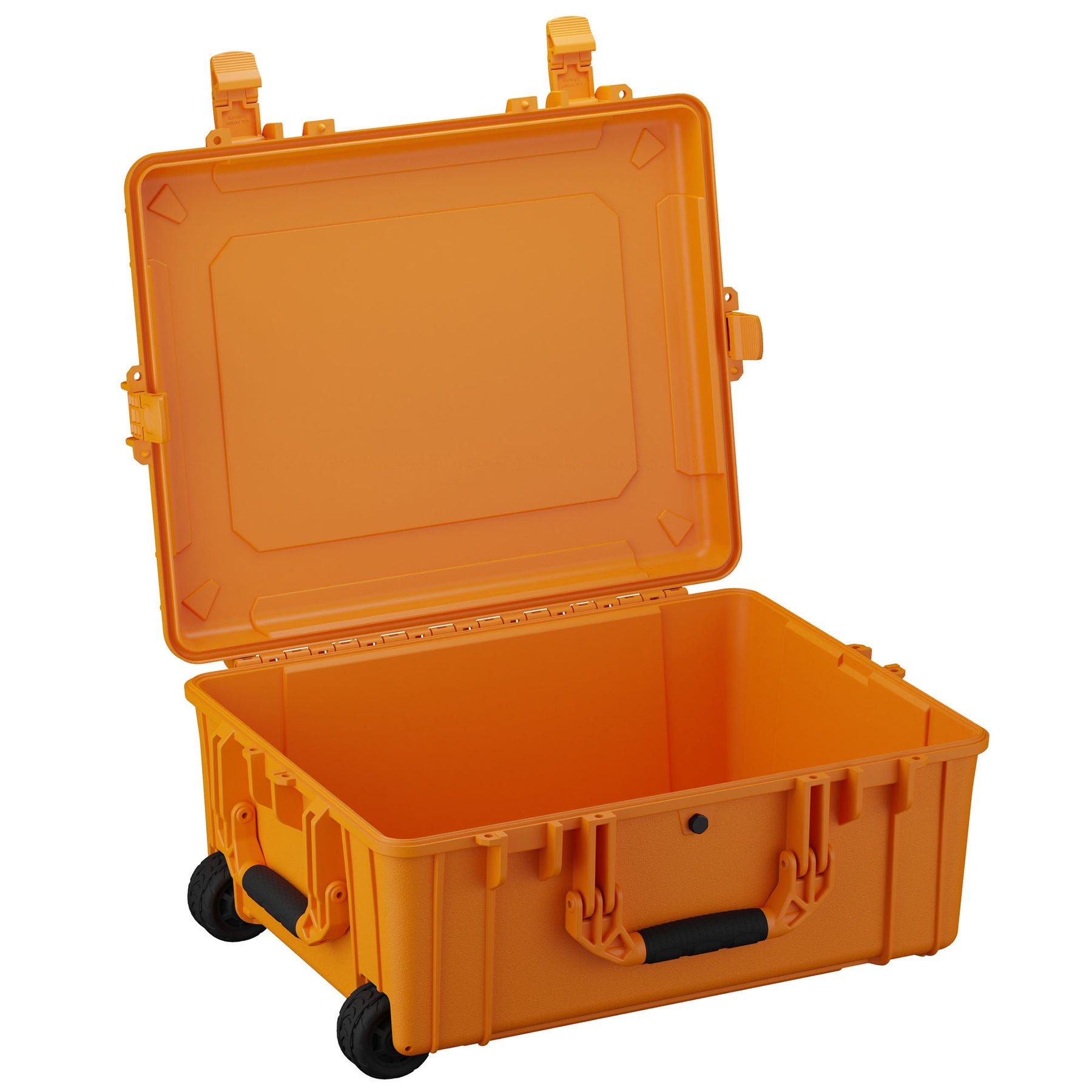 Alt text: "Open vibrant orange large protective case with wheels and sturdy handles, featuring robust latches and a spacious interior, ideal for secure equipment storage and transport, measuring 25 inches."