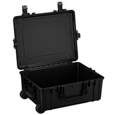 Alt text: "Black 25-inch large protective case on wheels, model #287, shown open with durable handles and secure latches, suitable for storing and transporting sensitive equipment."