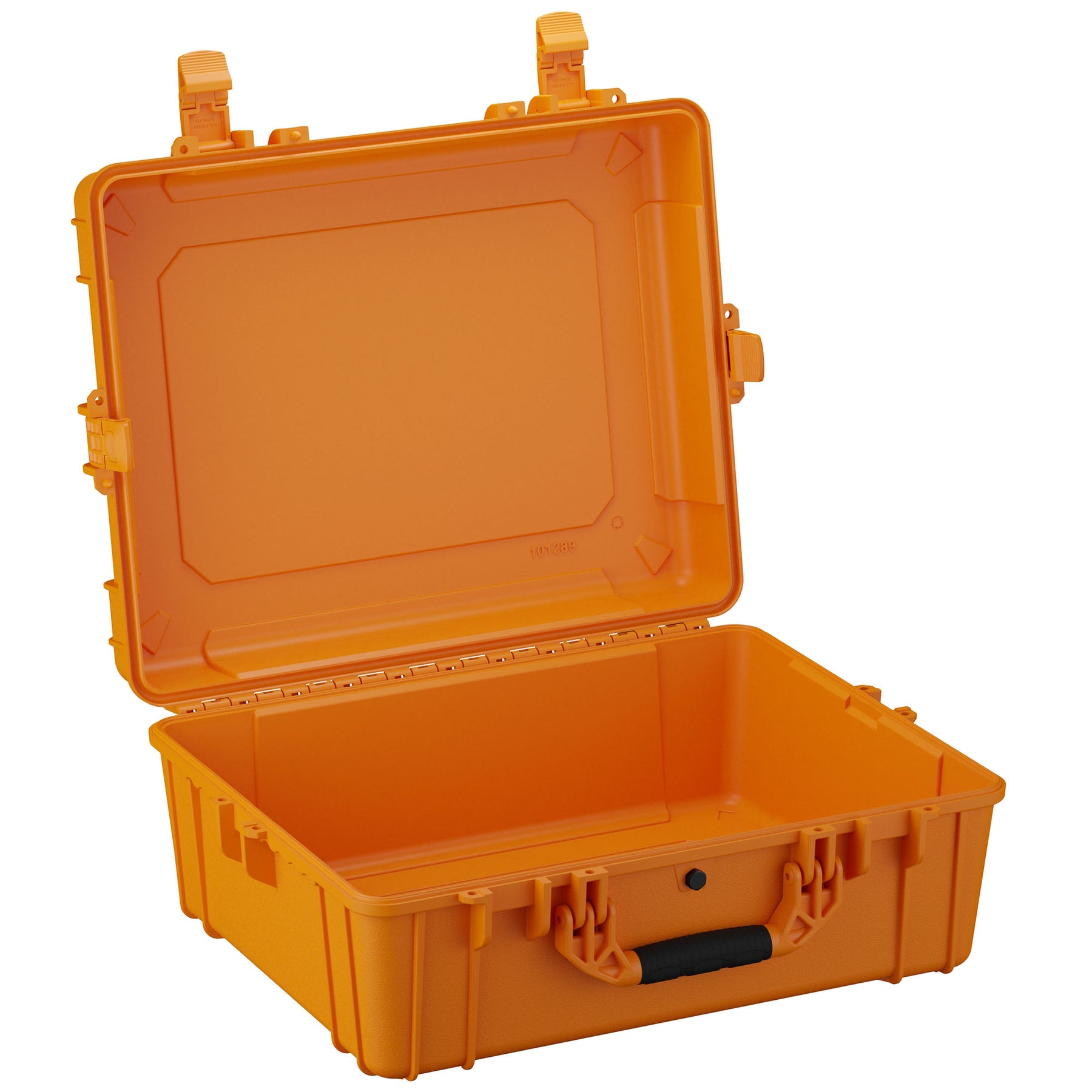 Alt text: "Open 25-inch large orange protective case with sturdy clasps and ergonomic handle, shown with the lid ajar revealing a spacious interior."