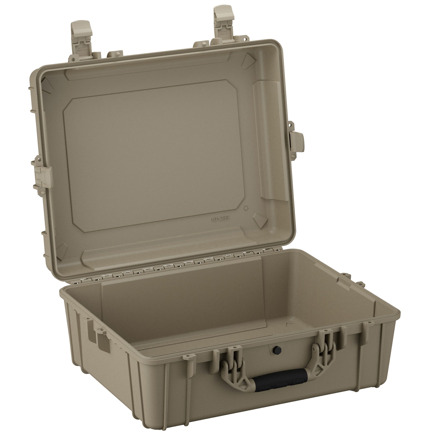Alt text: "Open, durable 25-inch large protective case in olive green, featuring sturdy latches and a reinforced handle, ideal for secure storage and transportation of sensitive equipment."