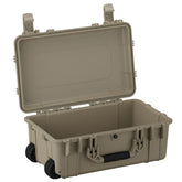 Alt text: "Large 22-inch military-grade protective case in beige with wheels and dual locking latches, open view displaying the deep interior and flat lid surface."