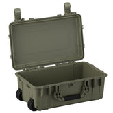 Alt text: Large olive green military-grade case, 22 inches, with rugged exterior, sturdy wheels for mobility, and dual locking clasps, open to display the spacious interior. Model #300.