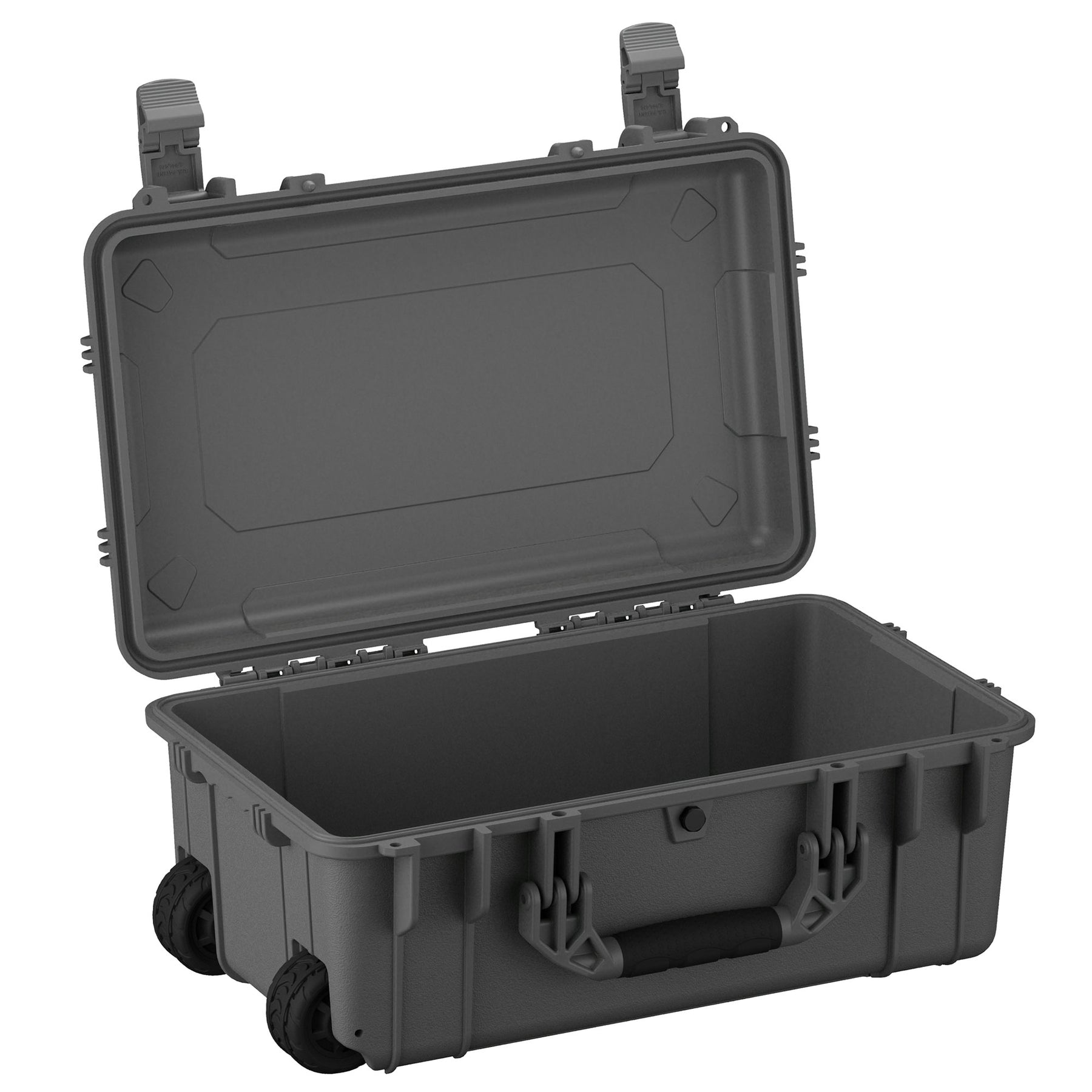 Alt text: "22-inch large, rugged gray protective case with wheels and dual locking clasps, shown open to display the deep storage compartment and robust hinge design, ideal for secure transportation of equipment."