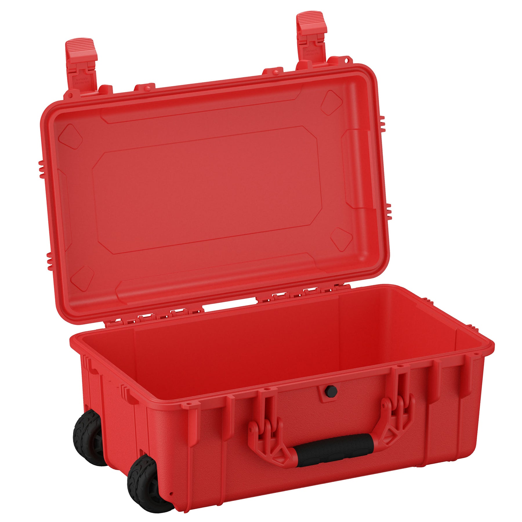 Alt text: "Open large red protective hard case with wheels, model number 300, featuring a sturdy handle and secure locking mechanisms, ideal for safe equipment transportation and storage."