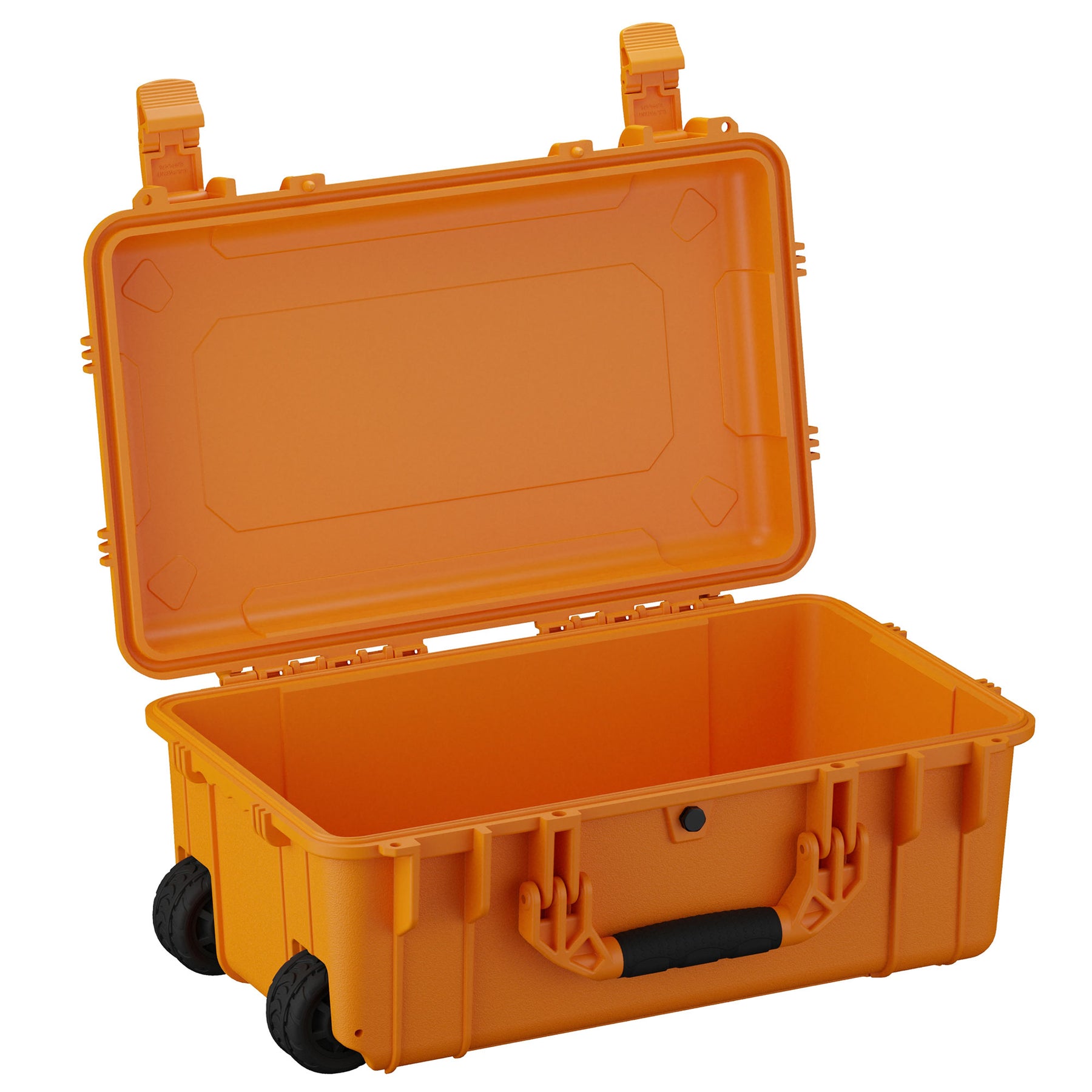 Large orange protective case, 22 inches, with sturdy wheels and handle, open to display deep storage compartment and secure latches.