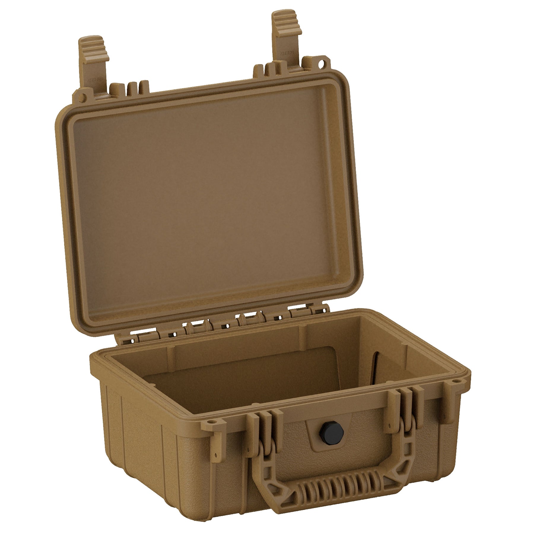 Alt text: "Open 10-inch small protective case in desert tan color, featuring durable clasps and a reinforced exterior."
