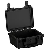 10-inch small black protective case with robust handles and secure latches, open to display empty interior, suitable for sensitive equipment storage.
