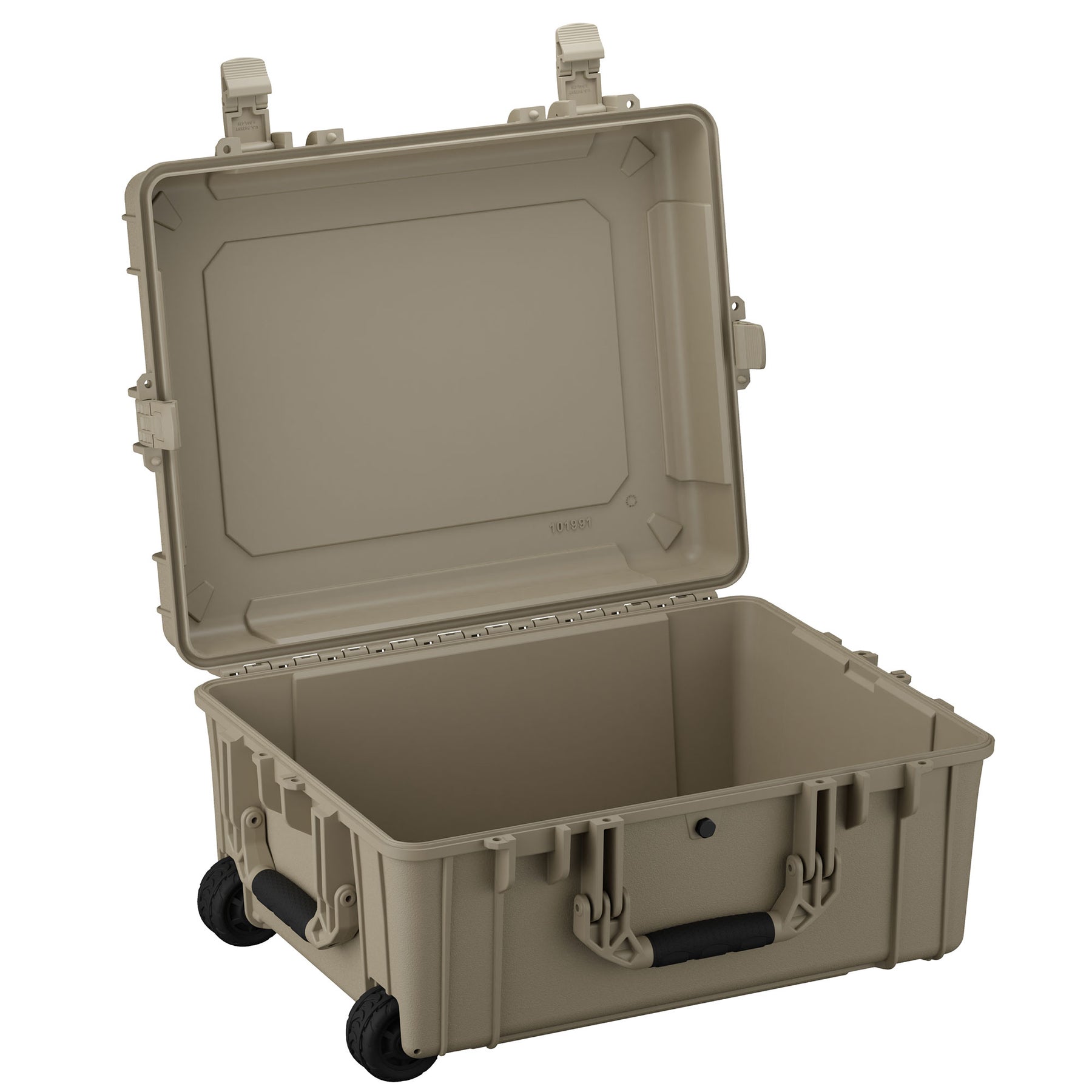 Alt text: Open 25-inch large protective case in tan color featuring heavy-duty wheels, robust handles, secure latches, and a padded interior, ideal for transporting sensitive equipment.