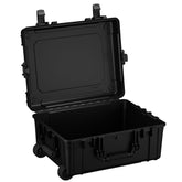 Alt text: Black 25-inch large protective case with wheels and dual lockable latches, open and empty, viewed from a slight angle showing the interior and the underside of the lid.