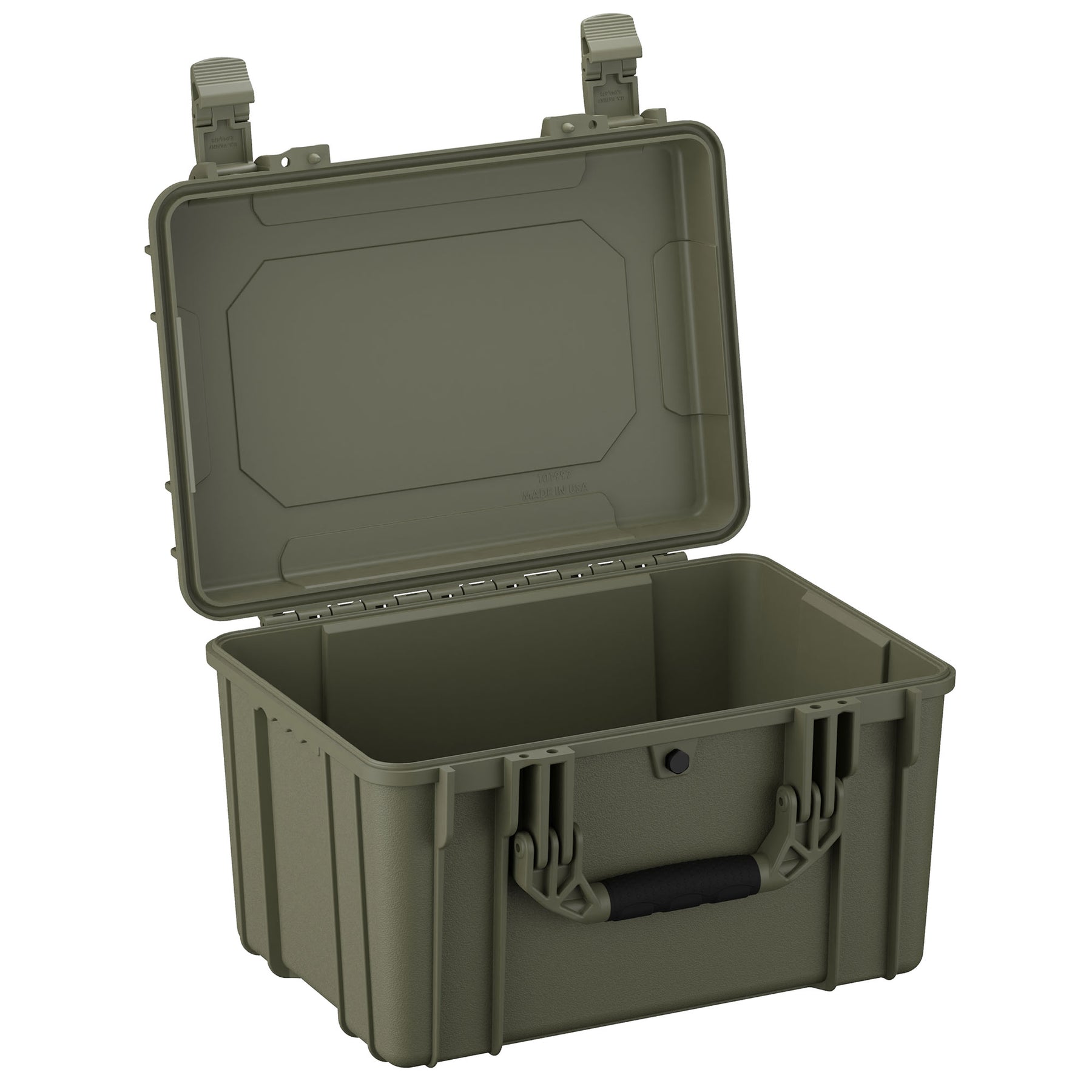 Alt text: "Olive green, hard-shell, medium-sized protective case, measuring 18 inches, with an open lid displaying a robust handle and secure latches, ideal for storing and transporting sensitive equipment."