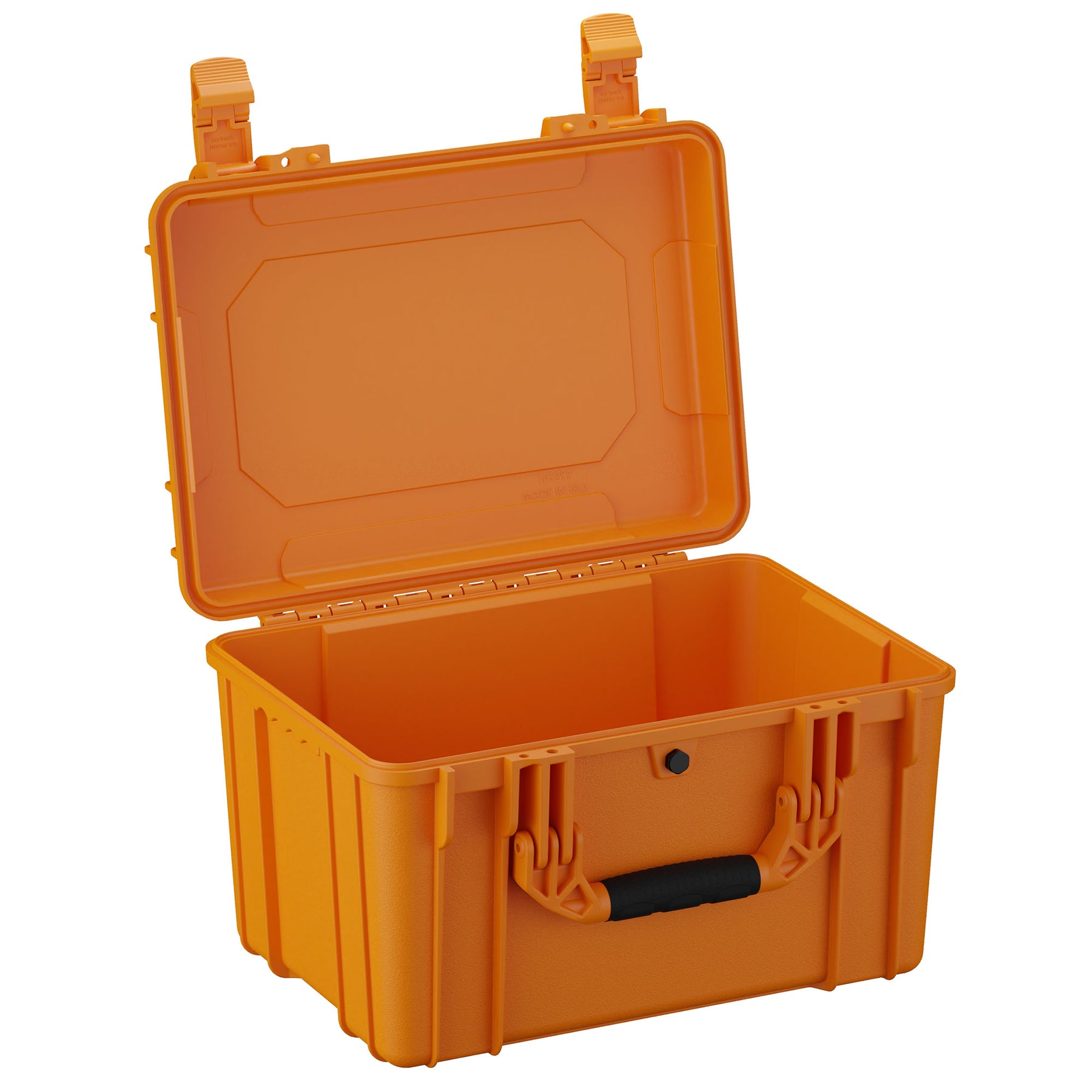 Alt text: Open 18-inch medium orange protective case with sturdy handles, robust latches, and a smooth interior, made of durable material for secure storage and transport.