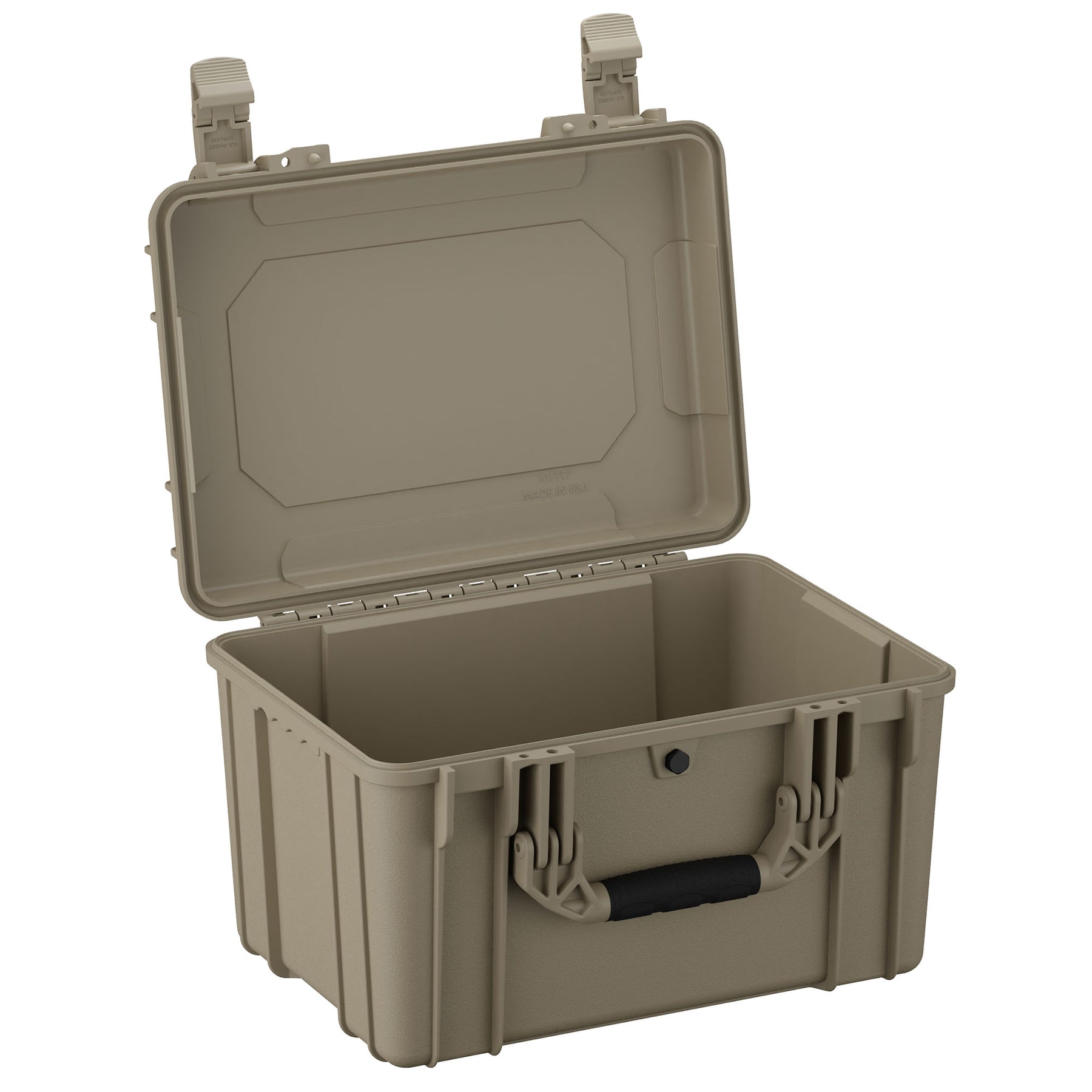 Alt text: Open, empty 18" medium-sized rugged protective case in olive green, featuring durable handles and secure latches, ideal for storing and protecting equipment.