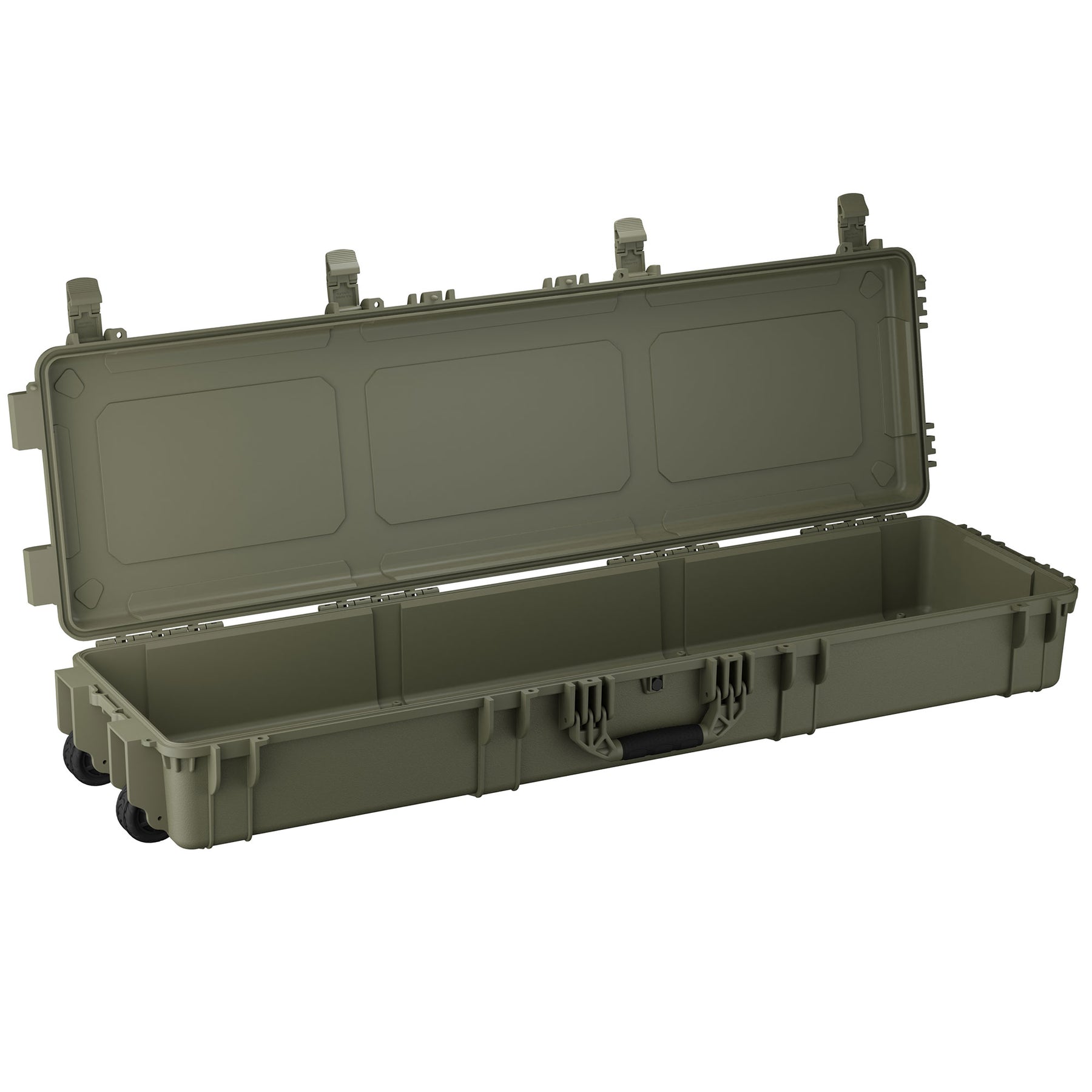 Open green 55-inch long storage case with wheels, interior compartments, and secure latch.
