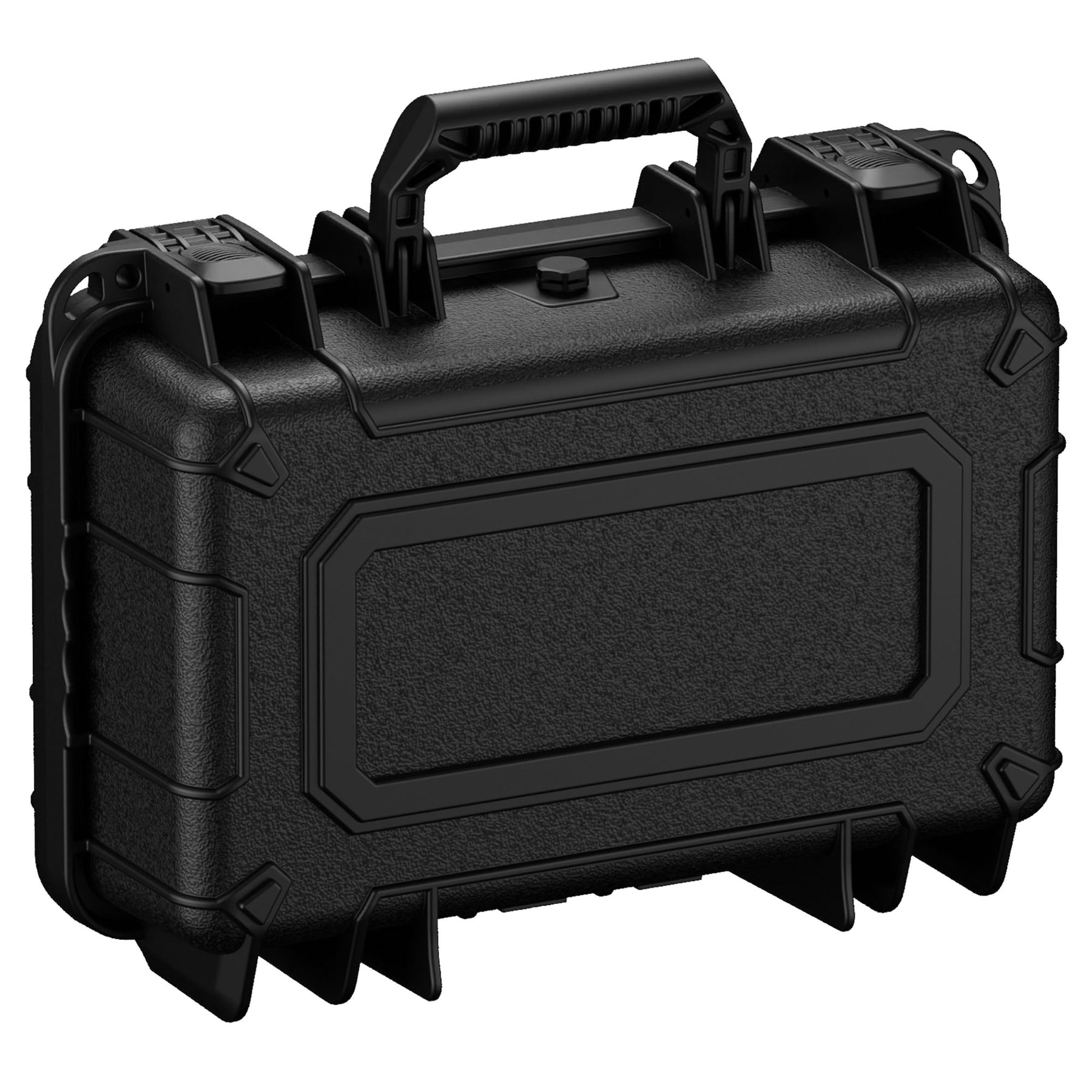 Alt text: "Durable black hard-shell protective case, 13 inches in size, featuring a sturdy handle and secure locking mechanisms, model number 232."