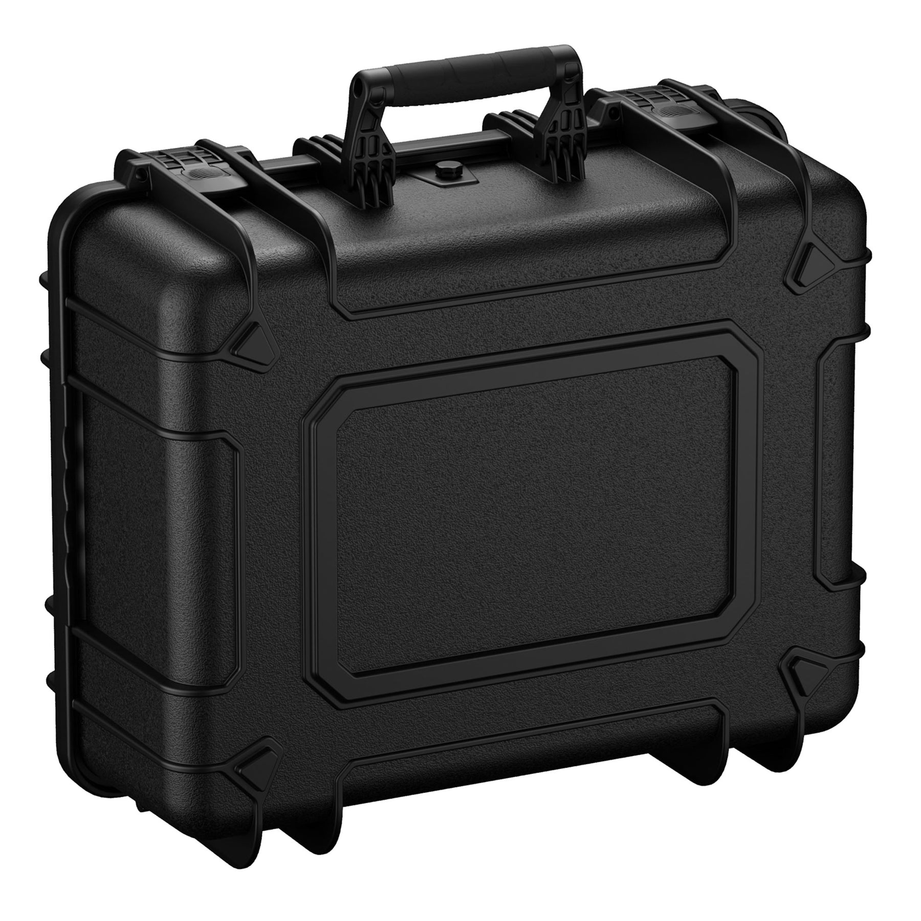 Alt text: "Black, rugged 20-inch large protective case with sturdy handles and reinforced corners, designed for secure transportation and storage."