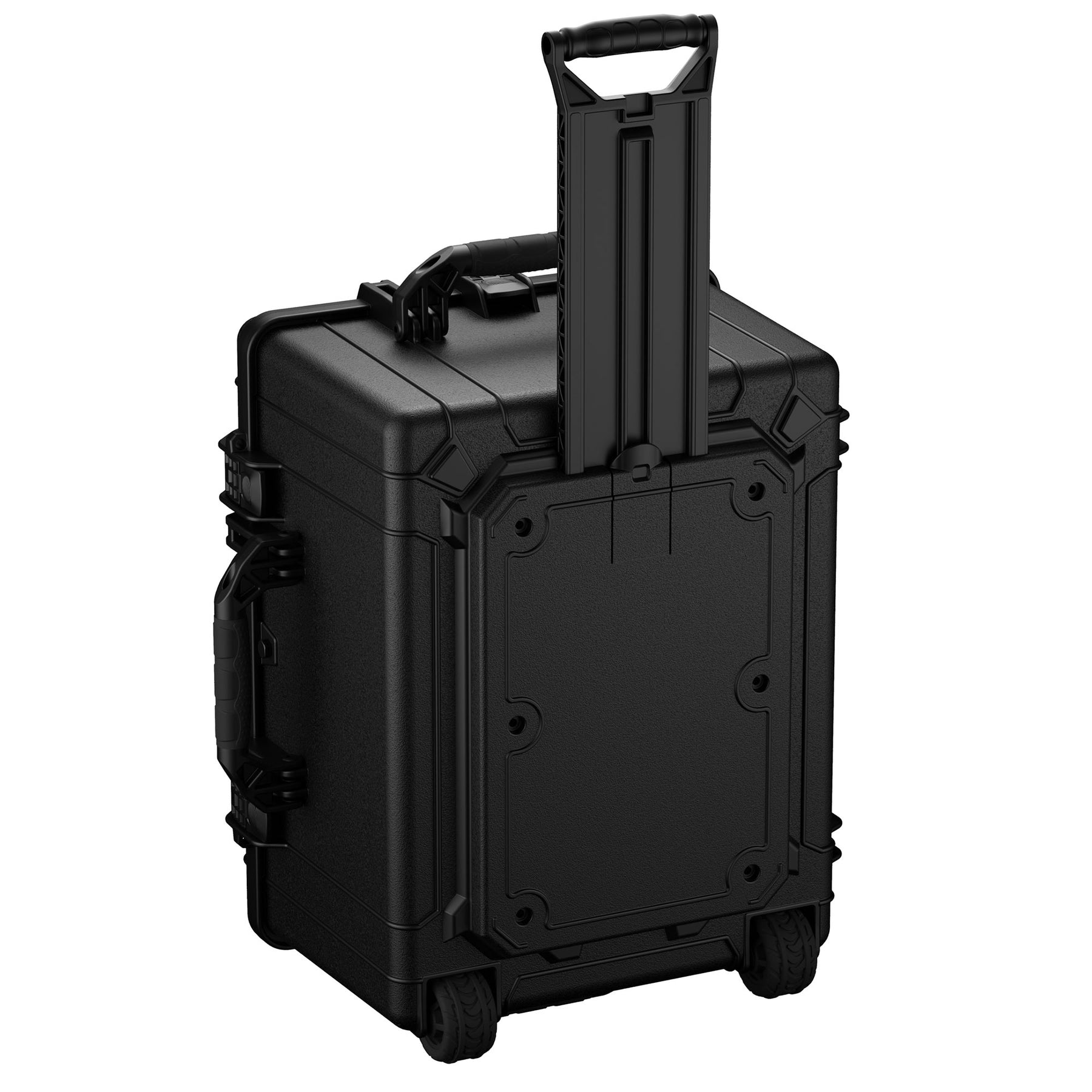 Alt text: "Black 25-inch large hard case with durable wheels and retractable handle, featuring heavy-duty latches and reinforced corners, ideal for secure transportation of equipment."