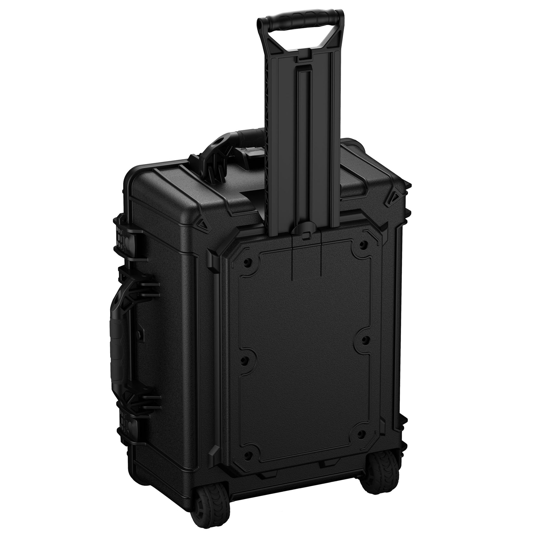 Black 25-inch large hard case with retractable handle and durable wheels, featuring robust locking mechanisms and reinforced corners.