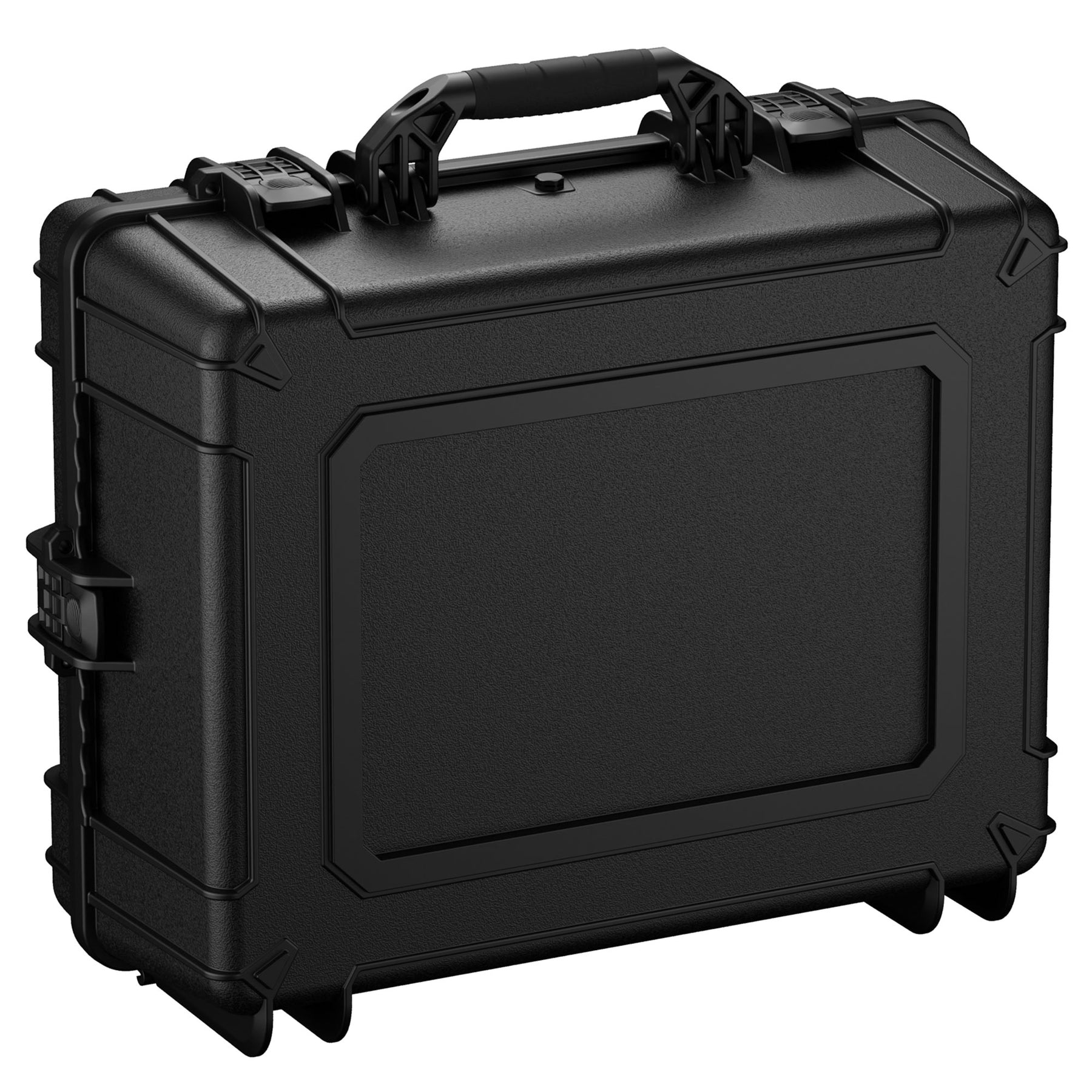 Alt text: "Black 25-inch large rugged case with durable handle, reinforced corners, and secure latches, designed for protecting valuable equipment."
