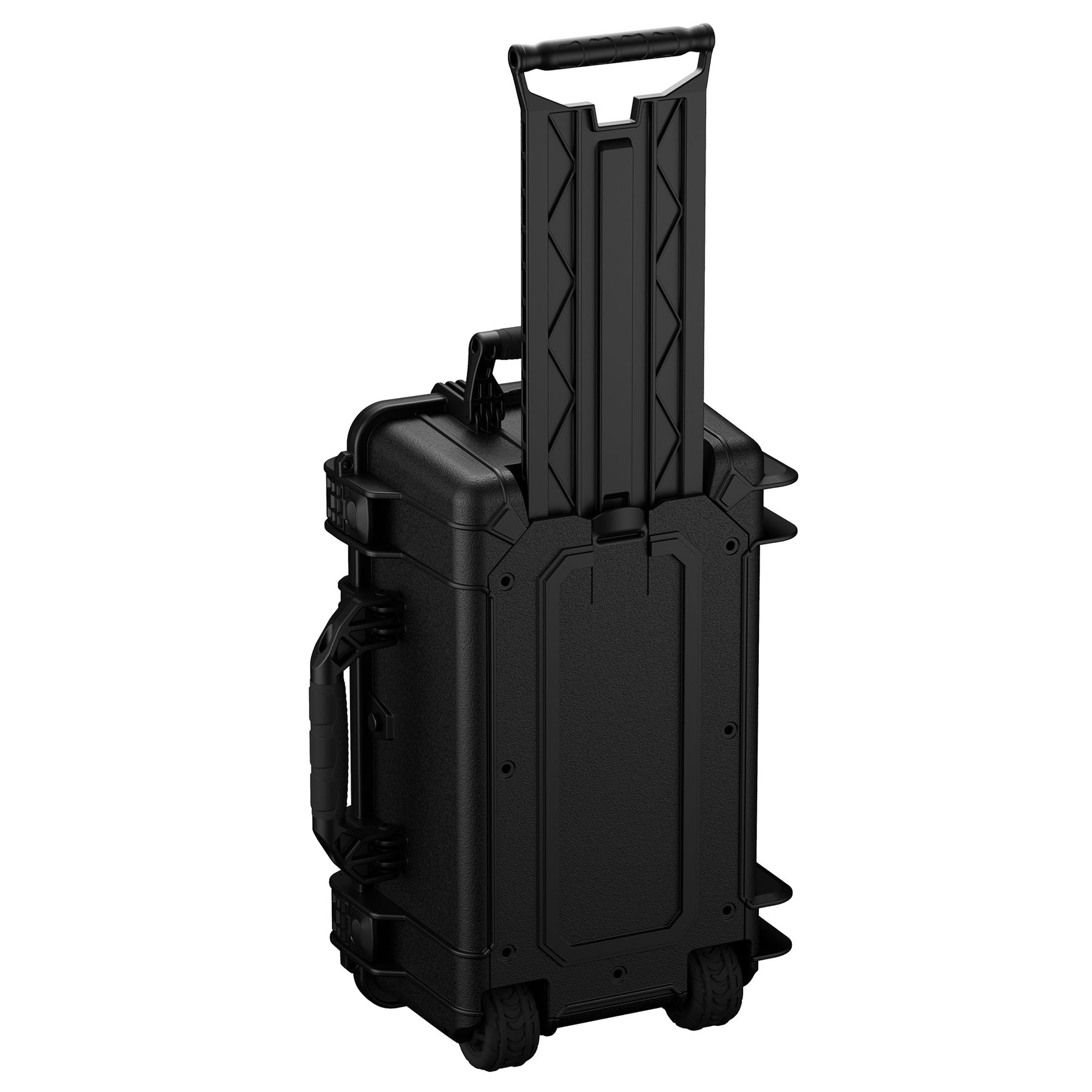 Alt text: "22-inch large black hardshell rolling suitcase with extended handle, model number 300, featuring durable wheels and reinforced corners for enhanced protection and mobility."