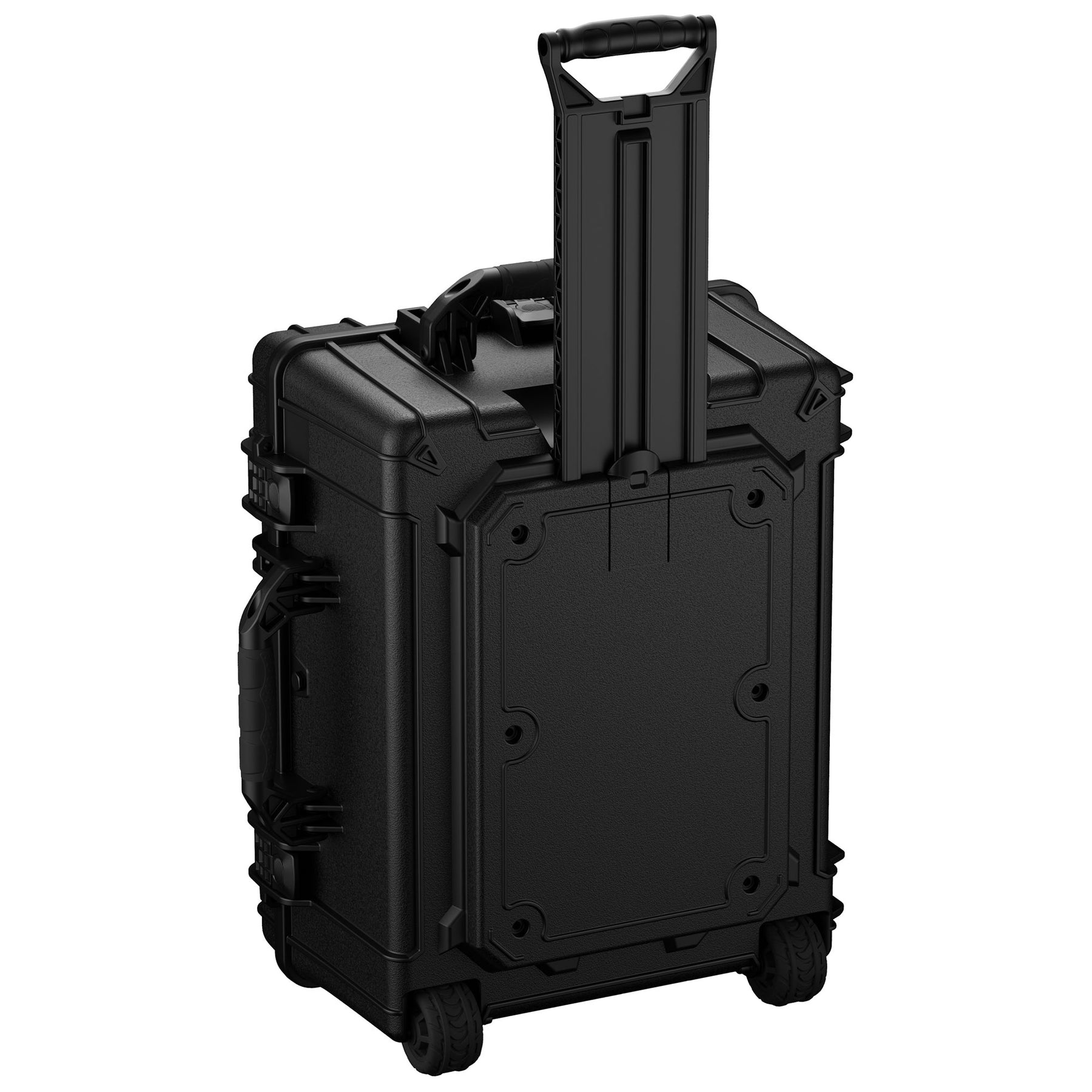 Alt text: "Large, durable black hardshell case with a retractable handle and robust wheels, model number 991, measuring 25 inches."