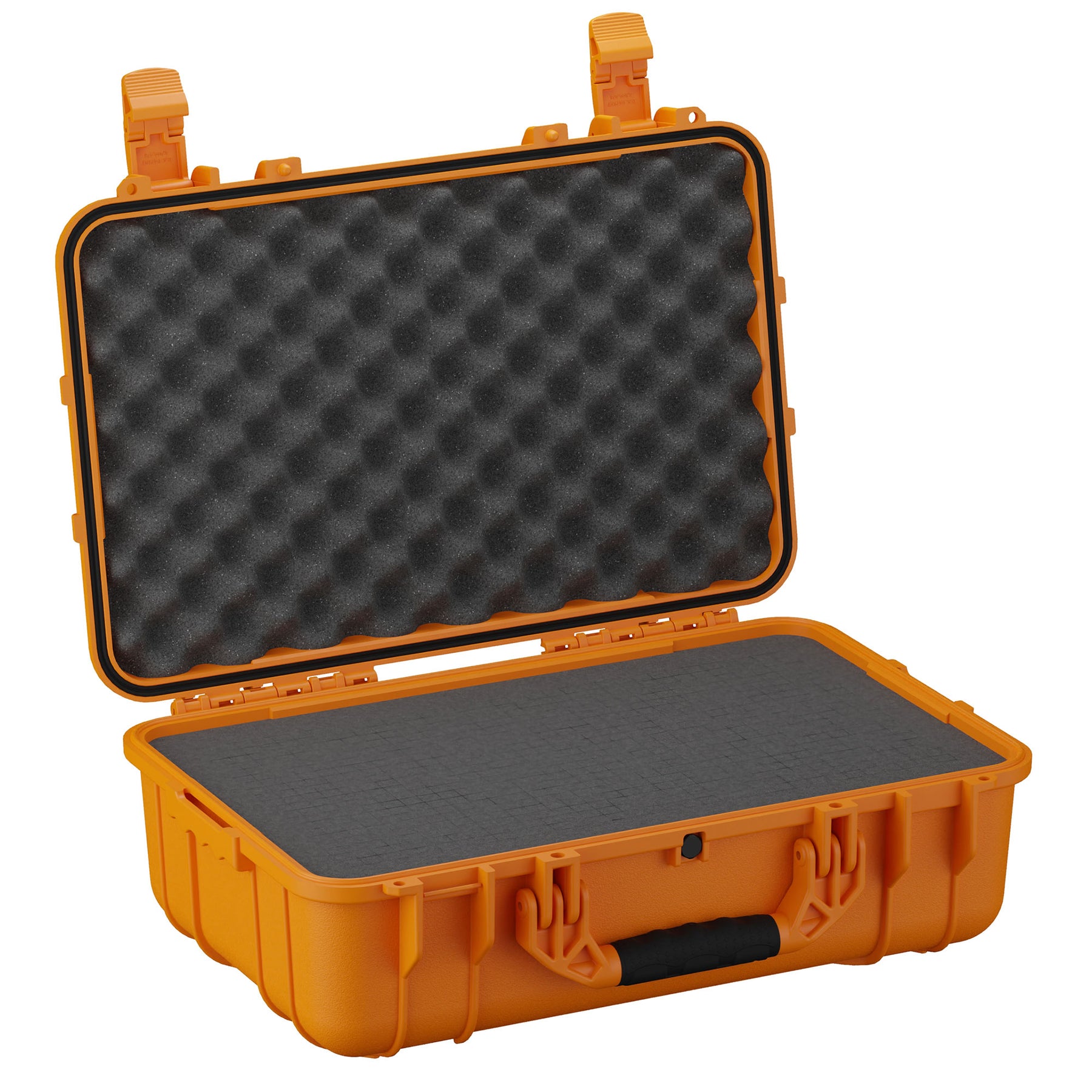 Alt text: Large, rugged orange protective case, size 22 inches, open to display black foam interior, designed for secure equipment storage, featuring durable latches and a sturdy handle.