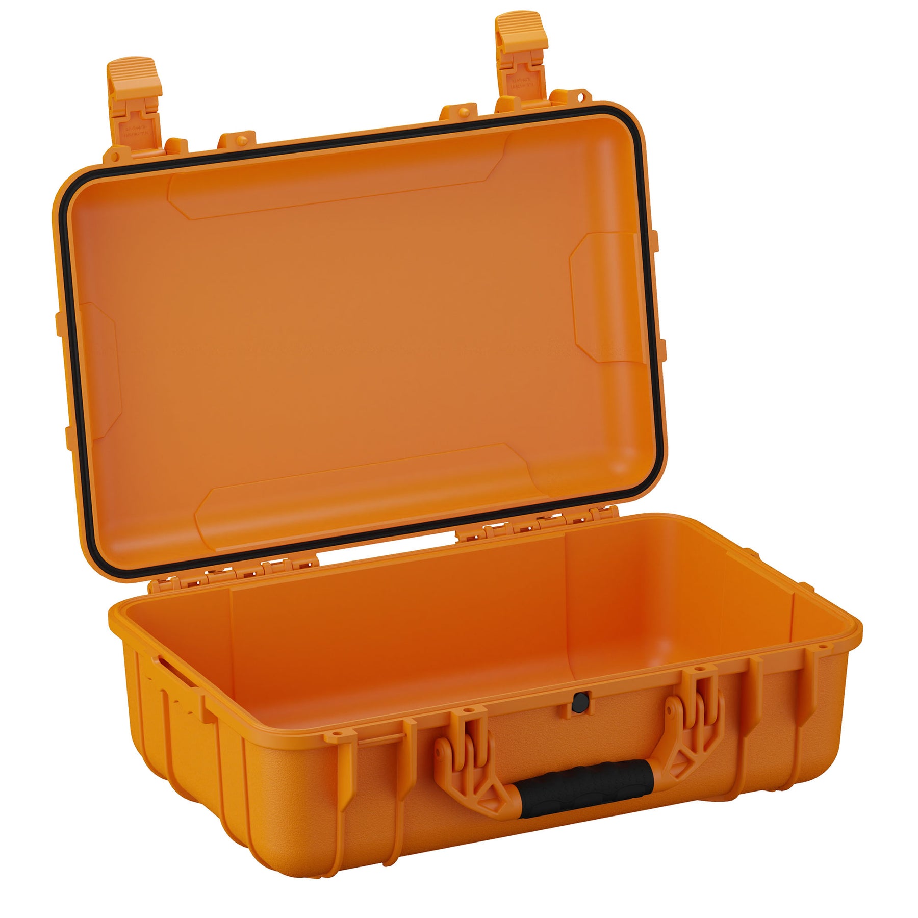 Alt text: Open, empty 22-inch bright orange hard case with sturdy latches, a durable handle, and a deep storage compartment, ideal for secure transportation and storage of delicate items.