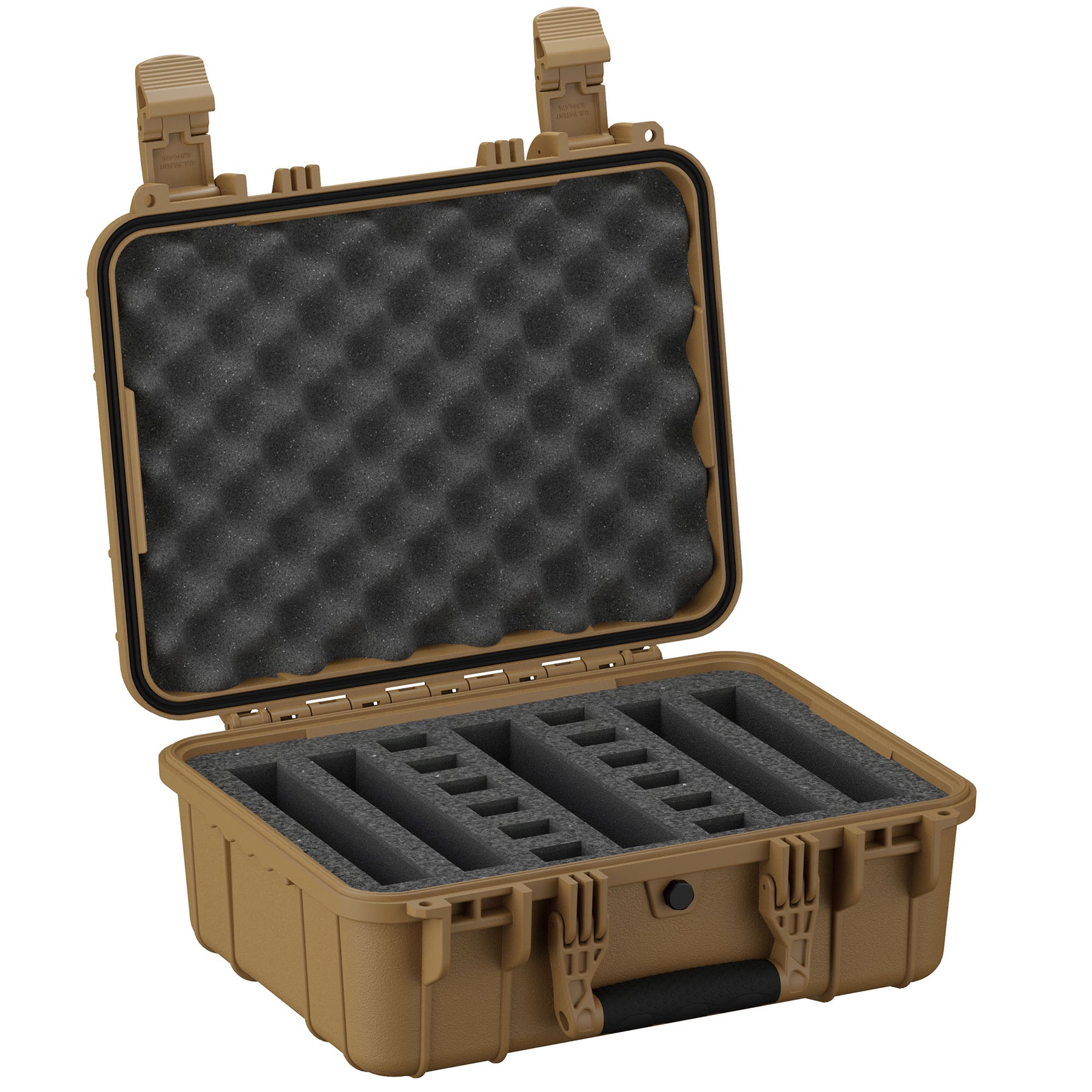 Alt text: "16-inch tan pistol case open to show protective foam inserts designed to securely hold four pistols, with convoluted foam pad in the lid, durable clasps on the sides, and rugged exterior design for enhanced safety and portability."