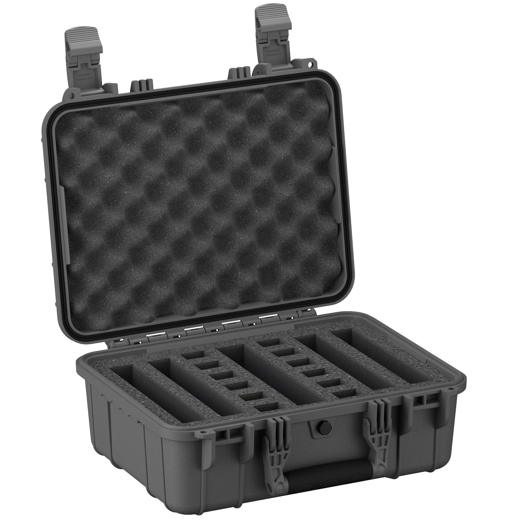 Alt text: "Black, durable 16-inch pistol case open to show foam inserts configured for storing four pistols, featuring sturdy latches and wave foam in the lid for added protection."