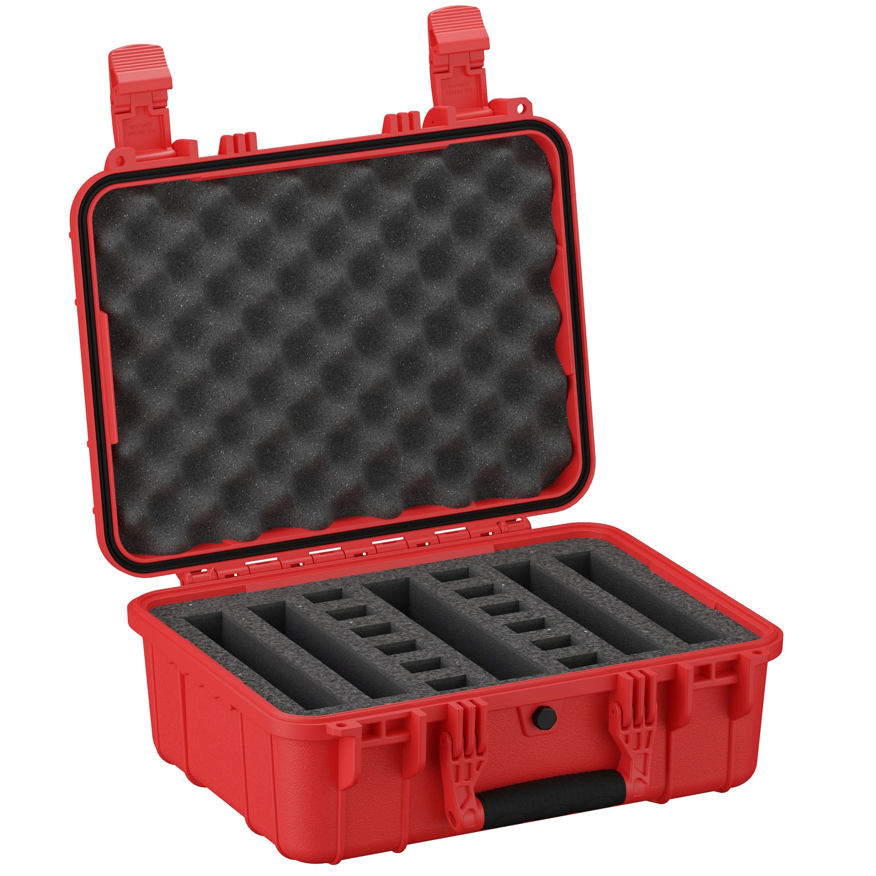 Alt text: Red 16-inch hard pistol case open to reveal a customizable foam insert designed to hold four pistols, with convoluted foam padding in the lid for added protection.