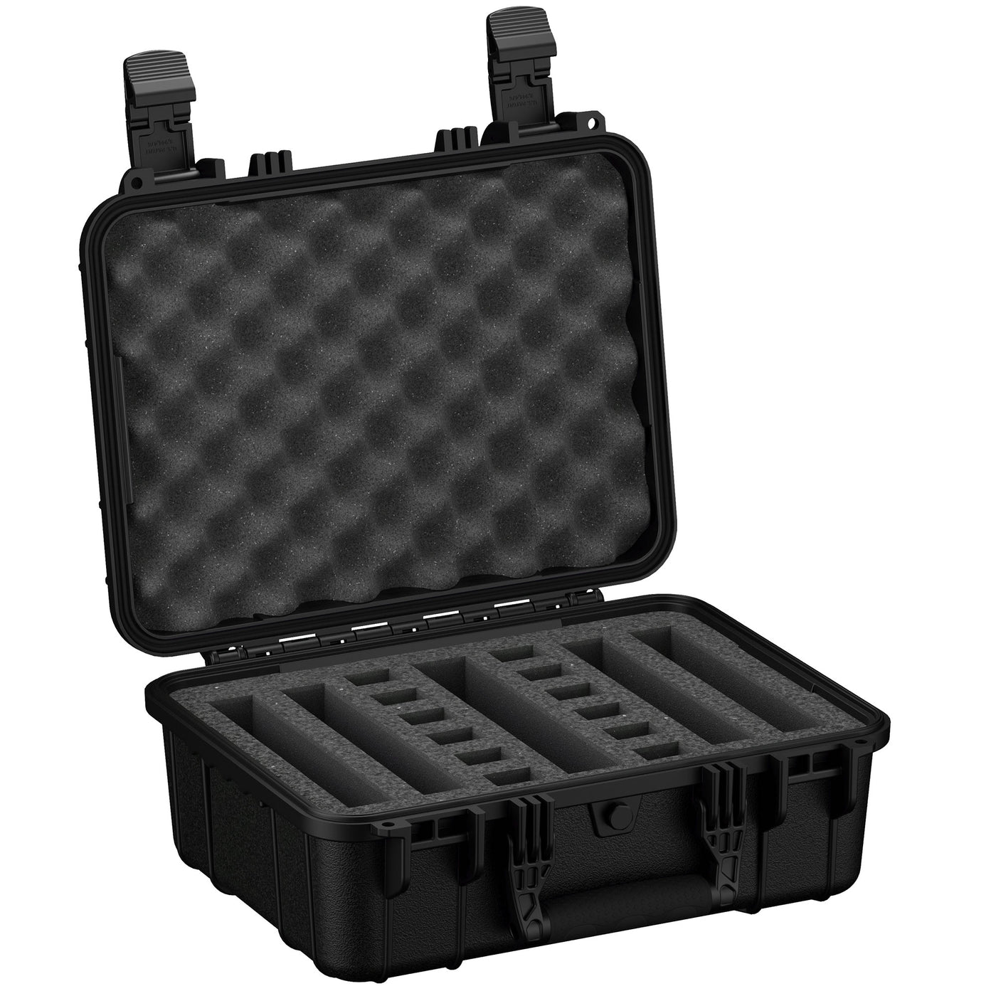 Alt text: "16-inch black protective pistol case, open to display foam cutouts for four pistols, with egg-crate foam lid padding for extra protection."