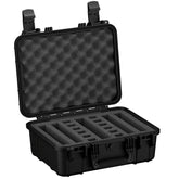 Alt text: "16-inch black protective pistol case, open to display foam cutouts for four pistols, with egg-crate foam lid padding for extra protection."