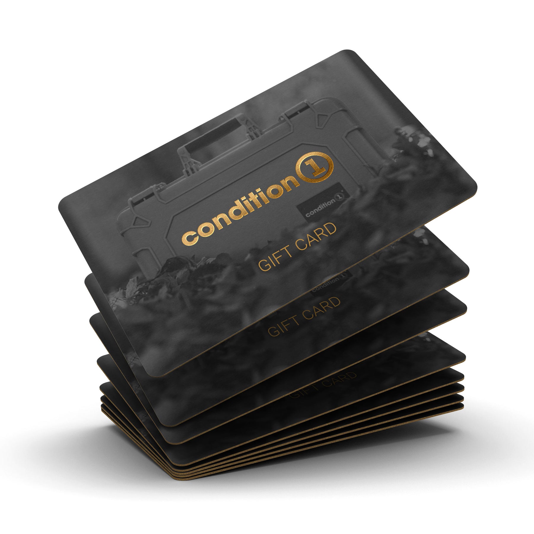 Stack of black and gold Condition 1 gift cards featuring a rugged design and the Condition 1 logo in gold lettering.