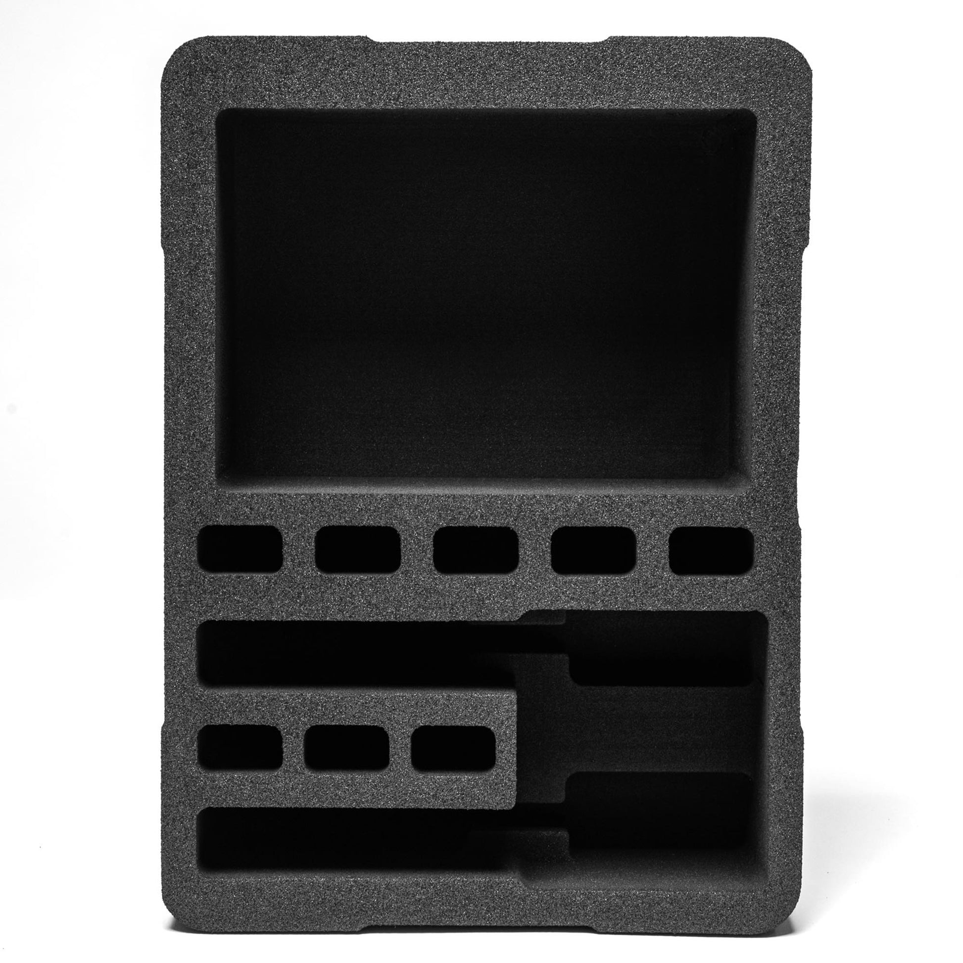 Pre-cut foam insert for #179 case, featuring two slots and eight magazine compartments for secure storage and transport.