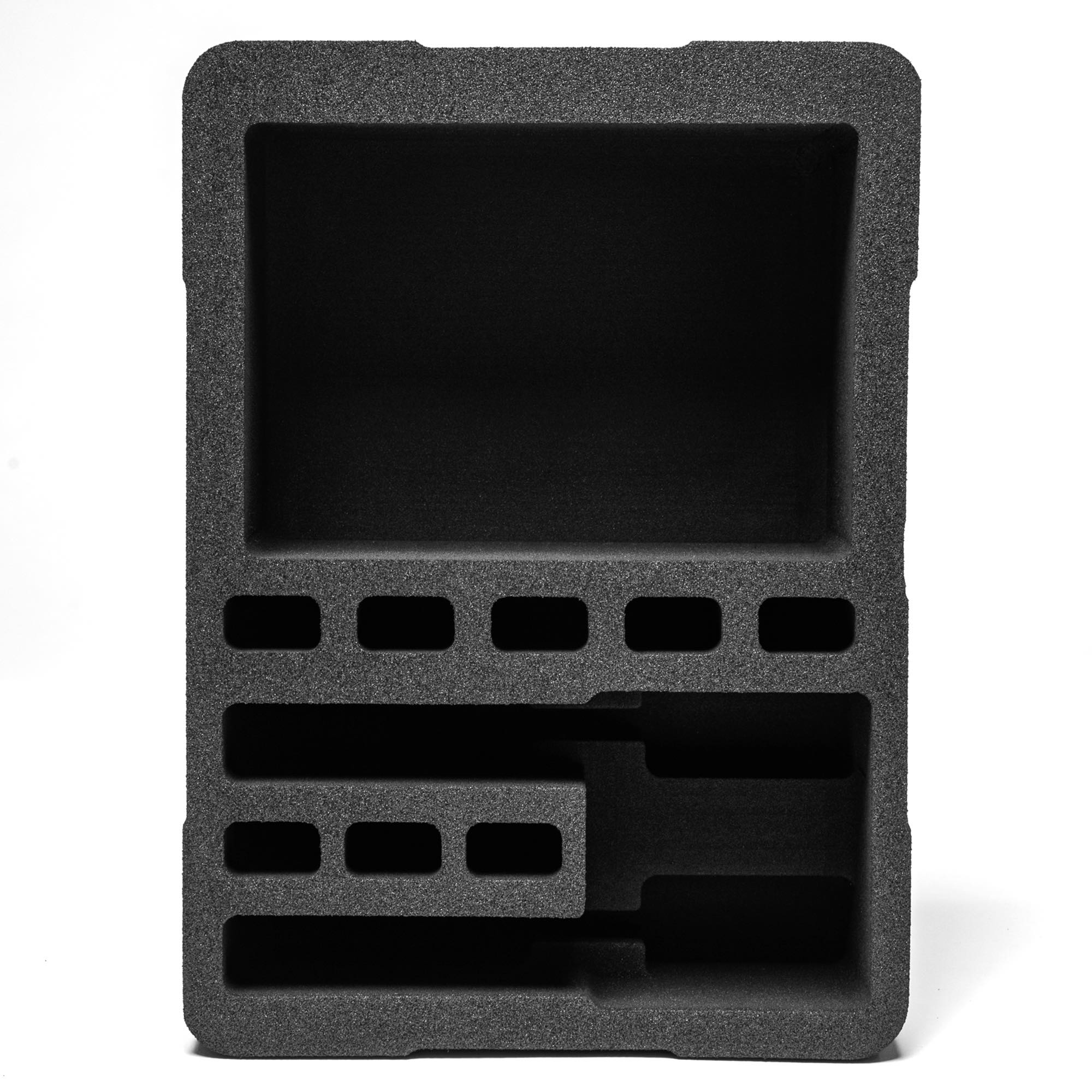 Pre-cut foam insert for #179 case, featuring two slots and eight magazine compartments for secure storage and transport.