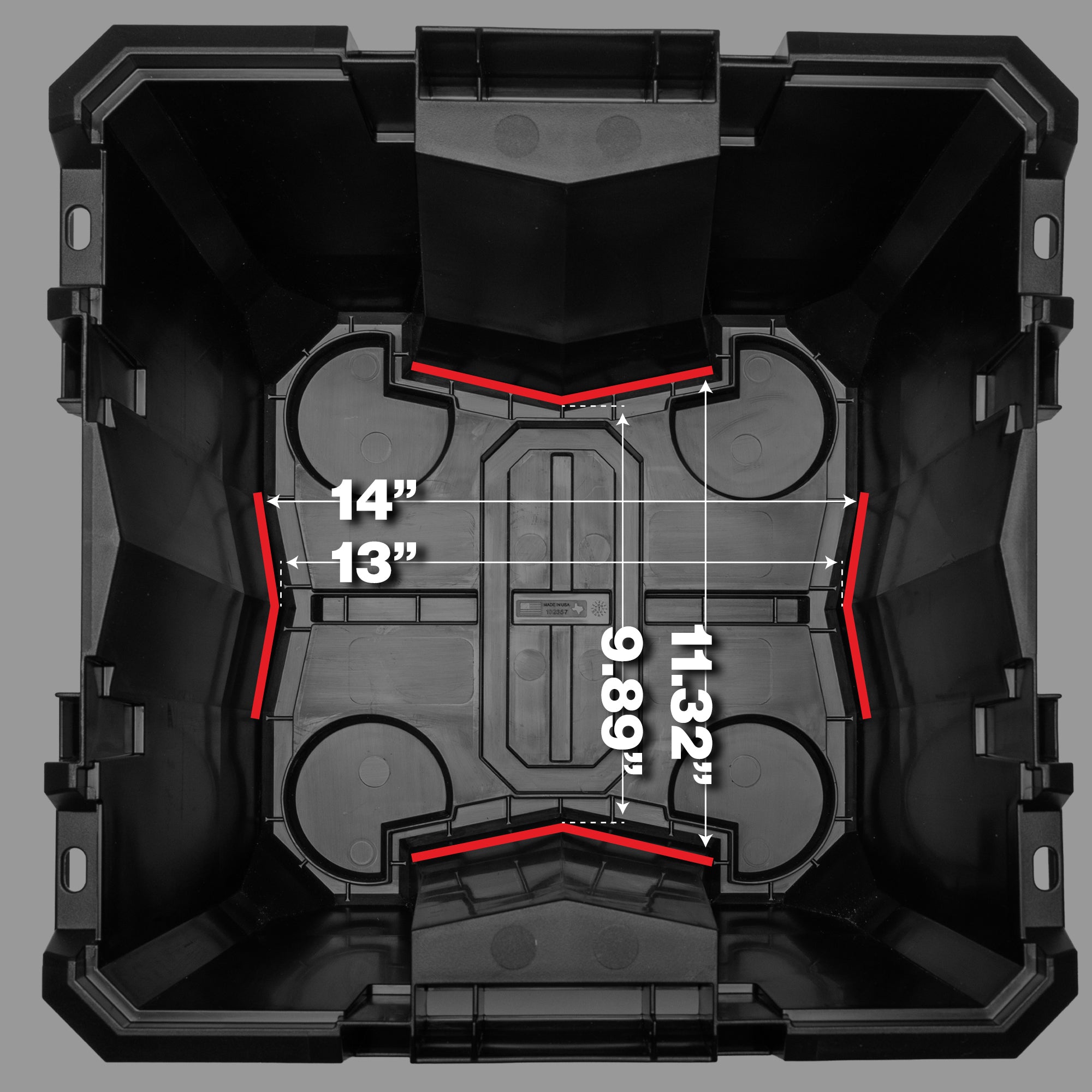 Interior view of an 18-inch Sportsman Cube showing dimensions for optimal storage of gear and equipment.